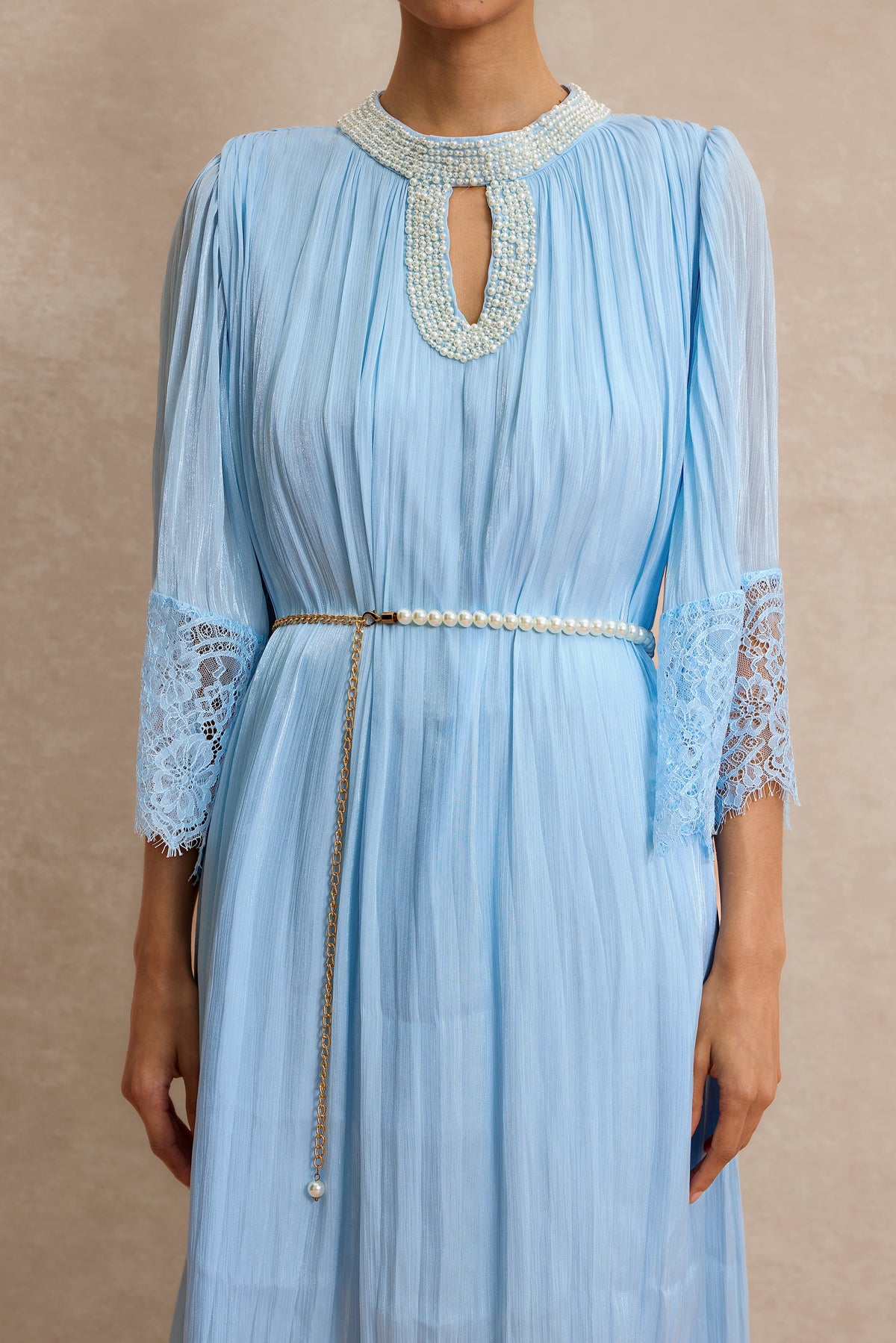 Lace Splicing Satin Faux Pearl Maxi Dress