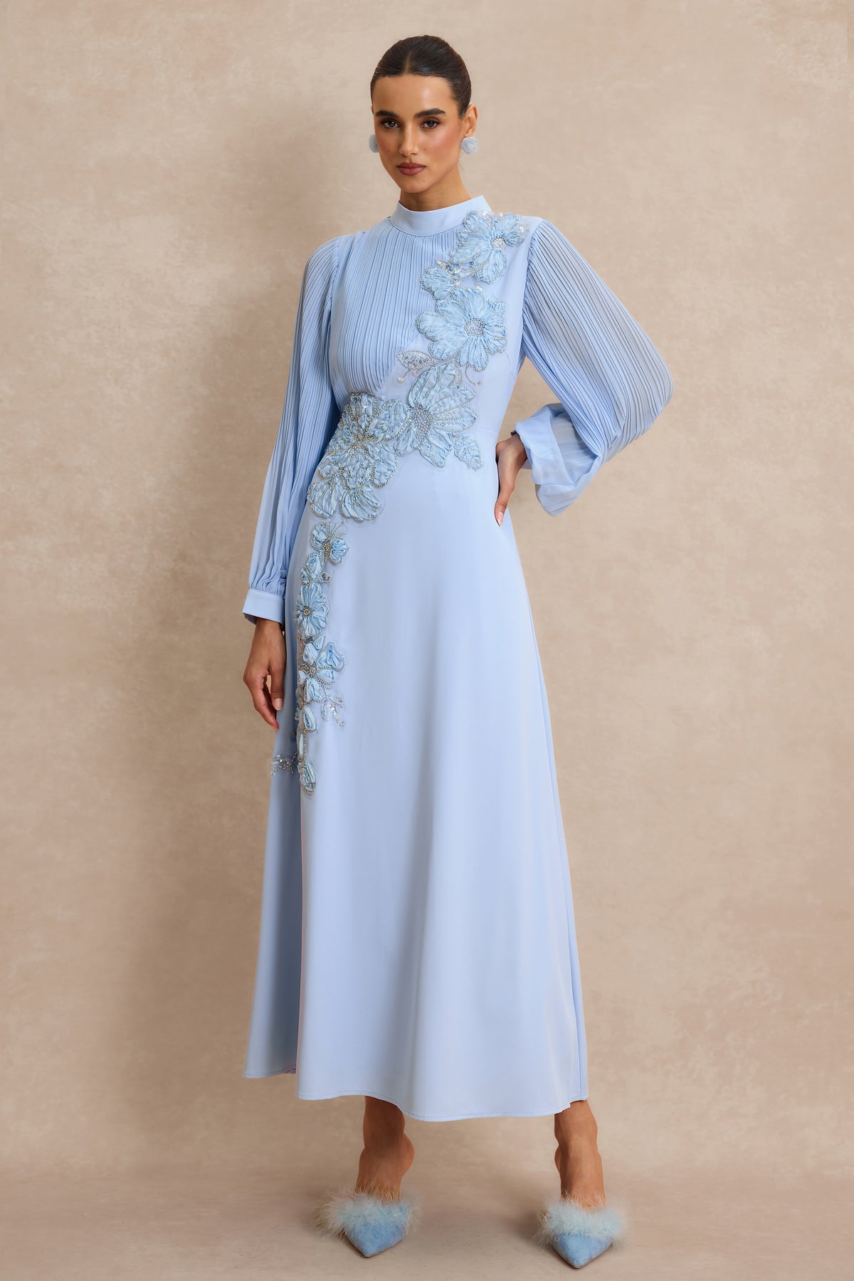 Embroidery Floral Applique Pleated Lantern Sleeve Maxi Dress