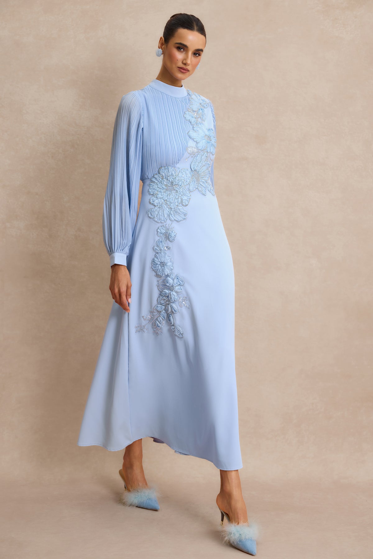 Embroidery Floral Applique Pleated Lantern Sleeve Maxi Dress