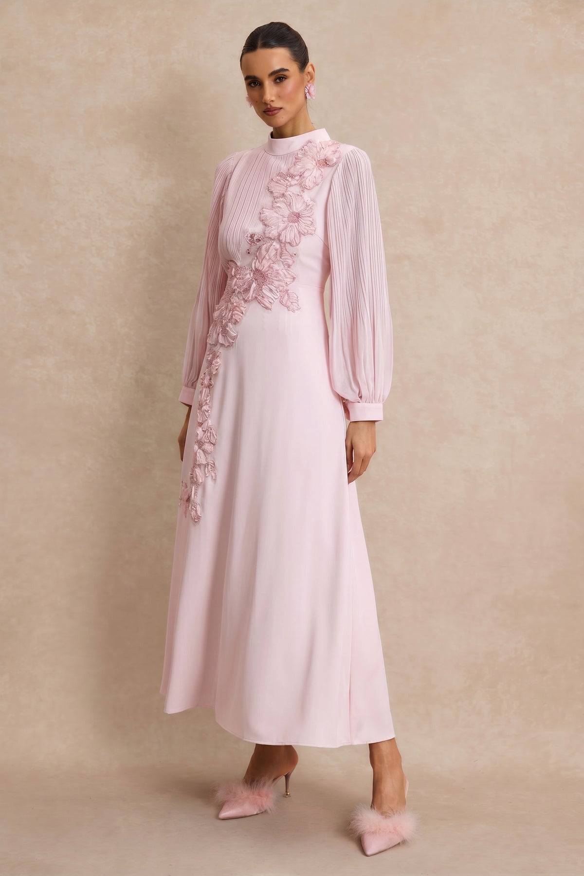 Embroidery Floral Applique Pleated Lantern Sleeve Maxi Dress