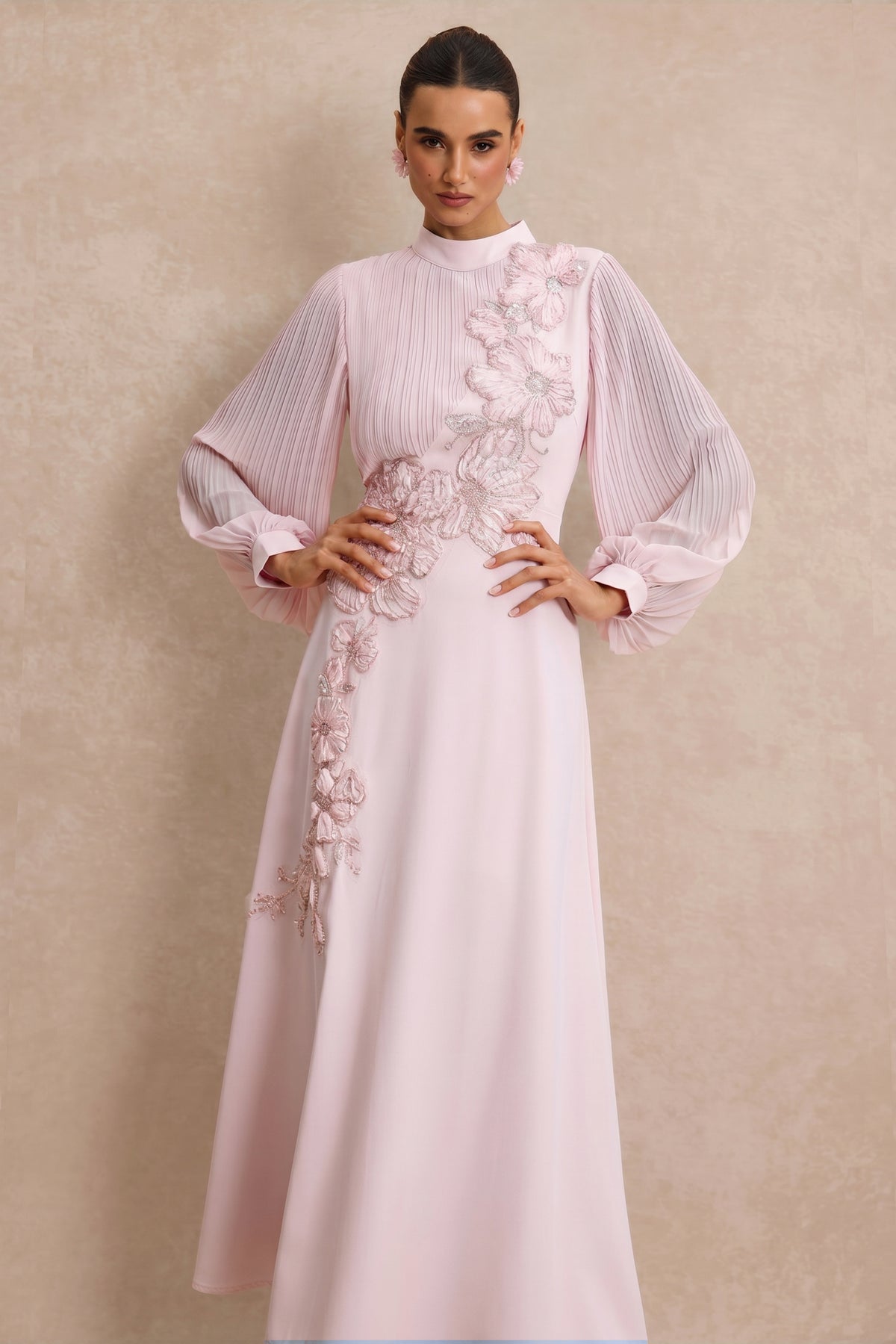 Embroidery Floral Applique Pleated Lantern Sleeve Maxi Dress
