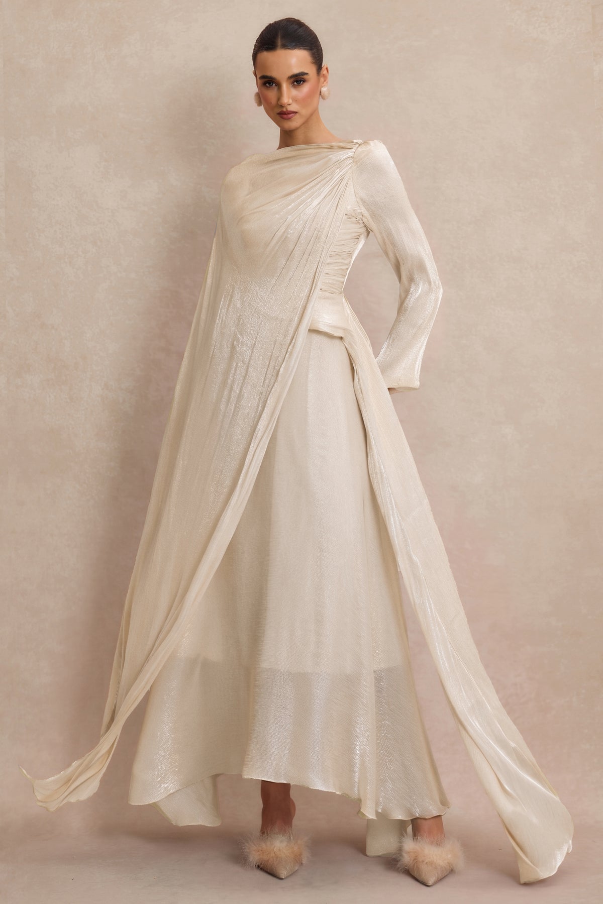 Solid Gathering Asymmetry Hem Cape Maxi Dress