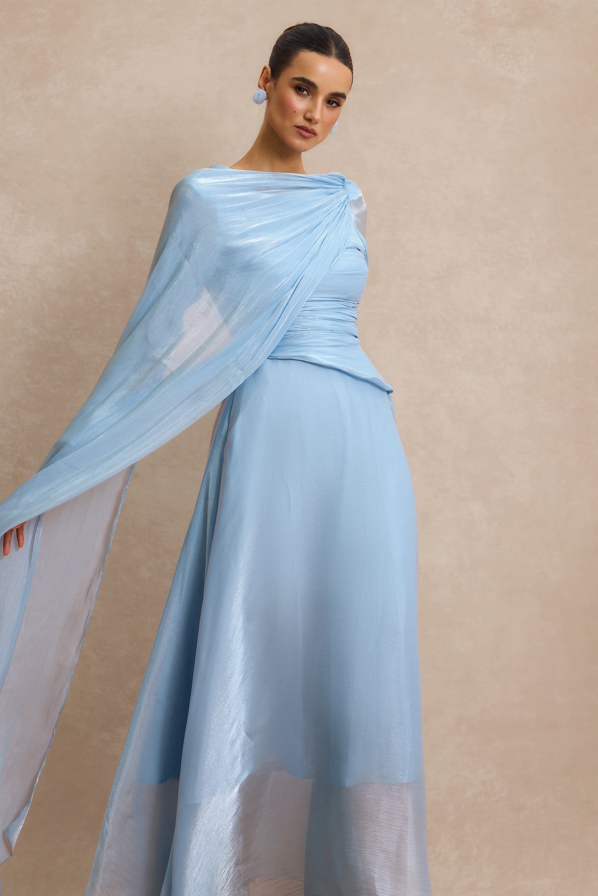 Solid Gathering Asymmetry Hem Cape Maxi Dress