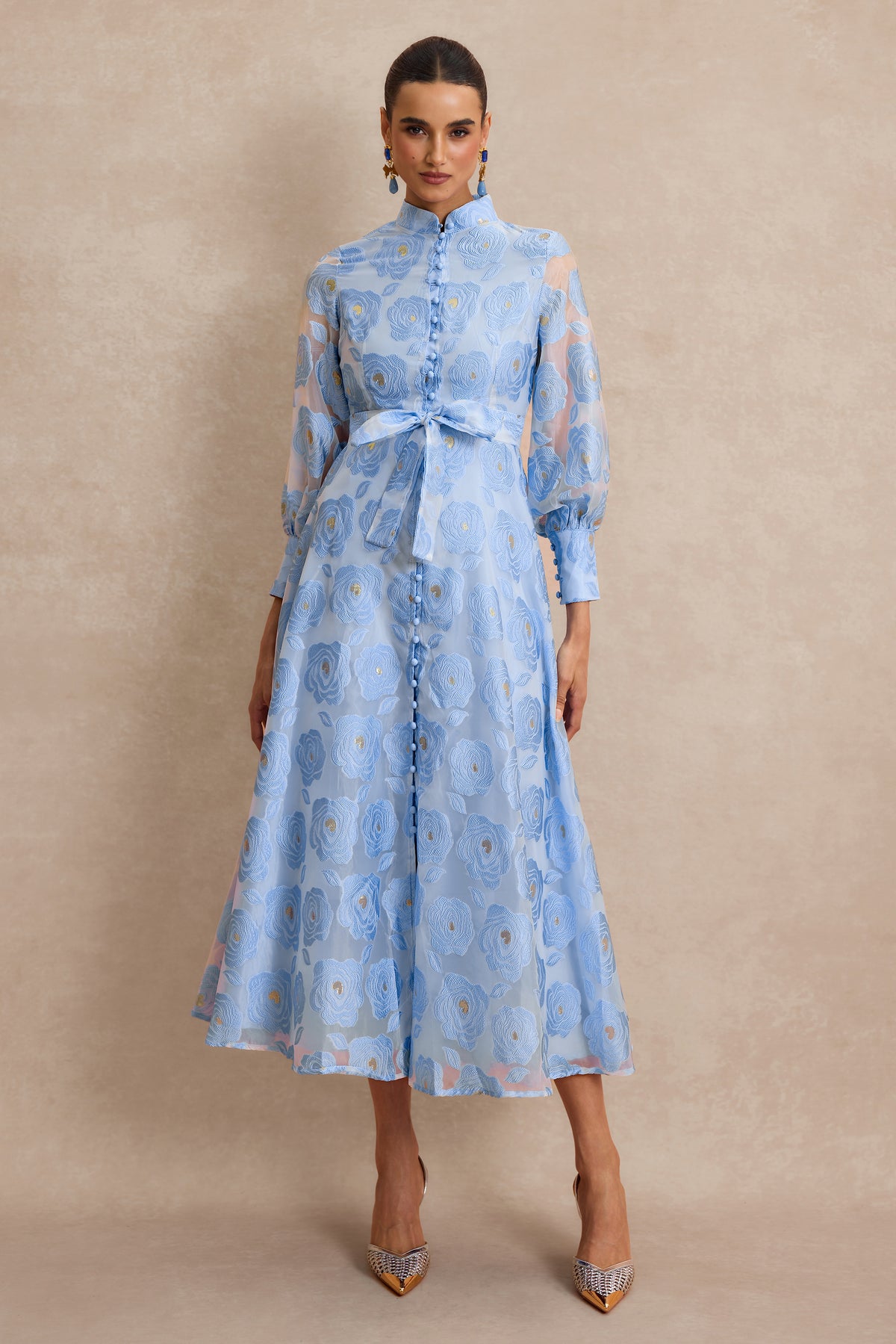 Jacquard Stand Collar Midi Dress