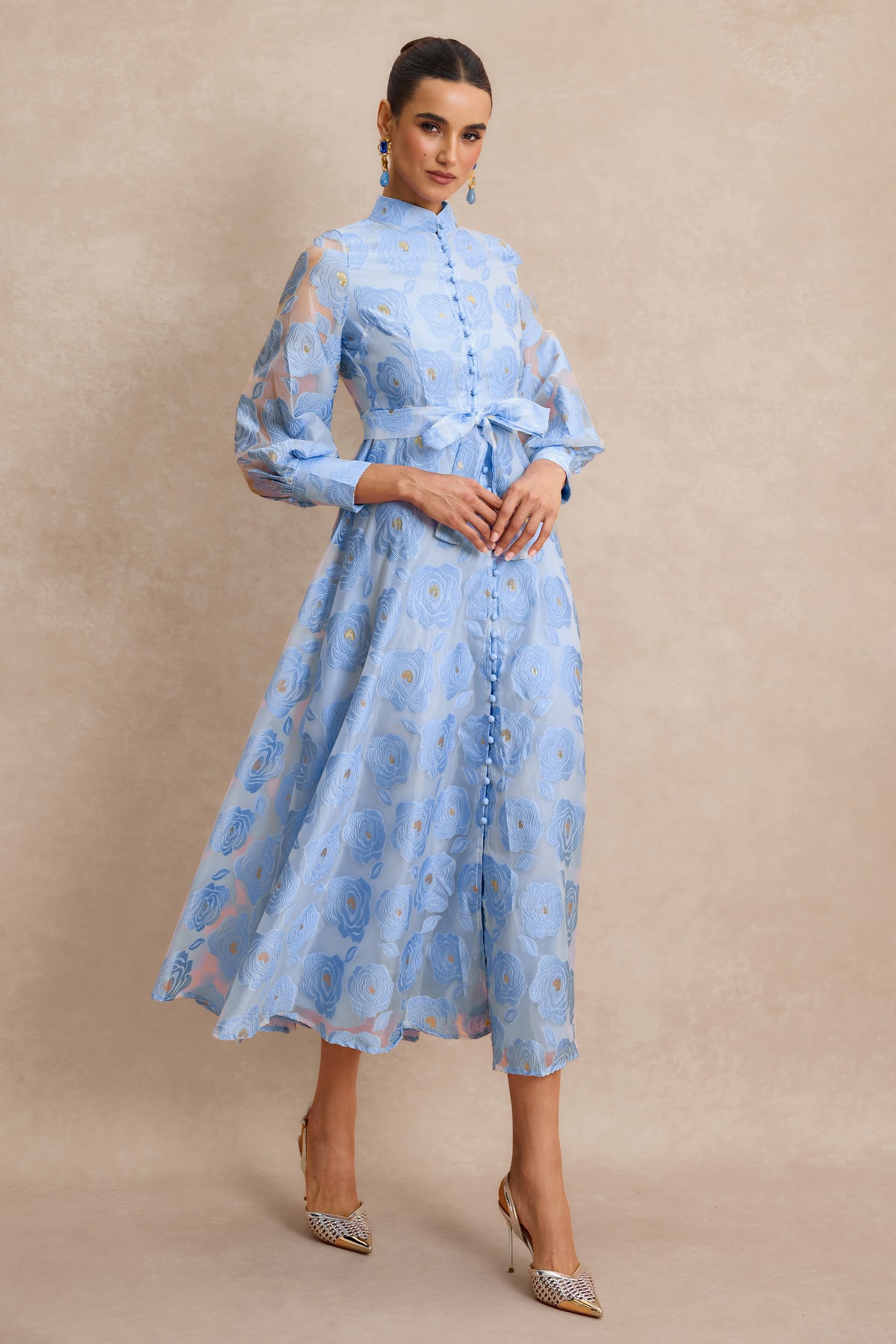 Jacquard Stand Collar Midi Dress