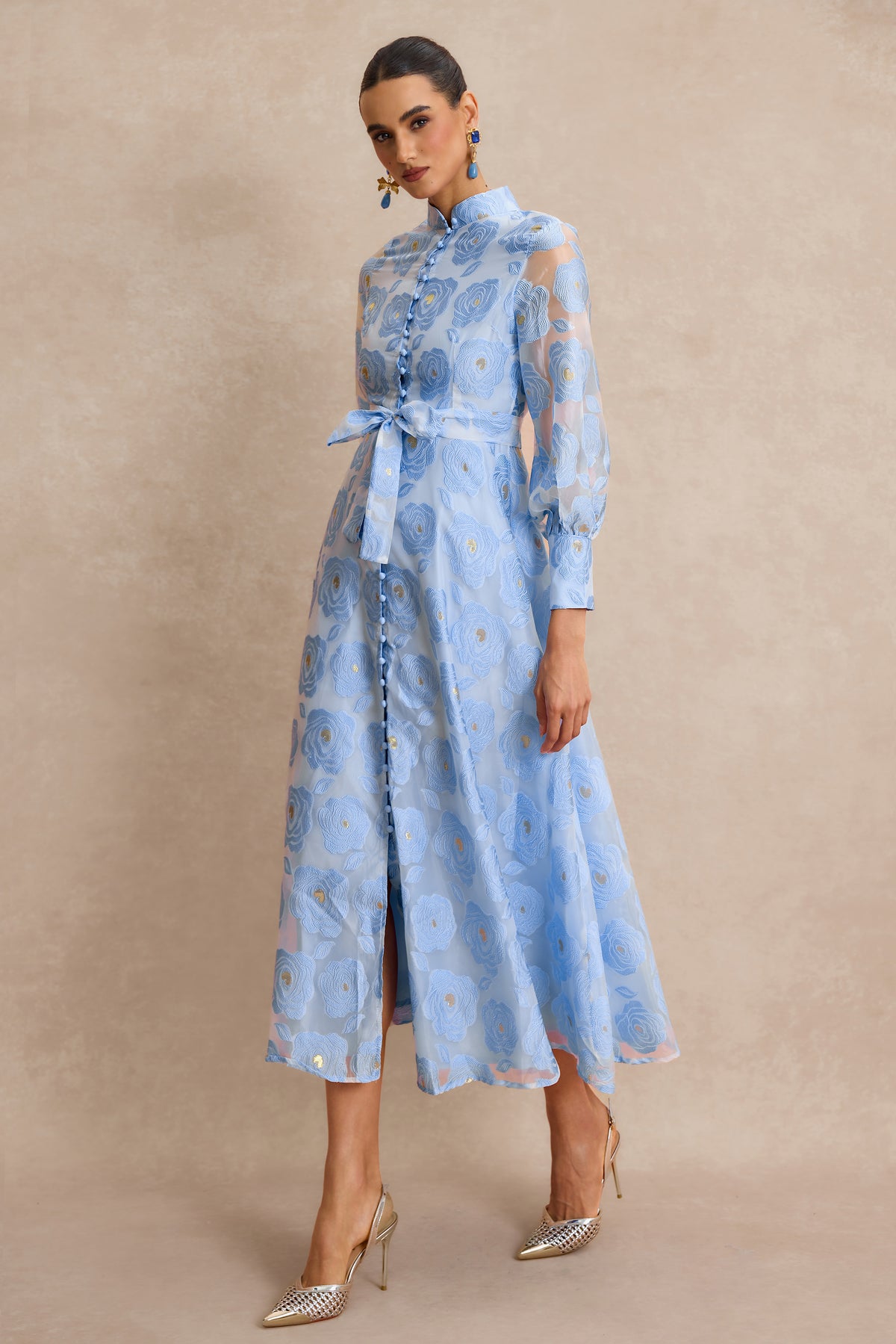 Jacquard Stand Collar Midi Dress