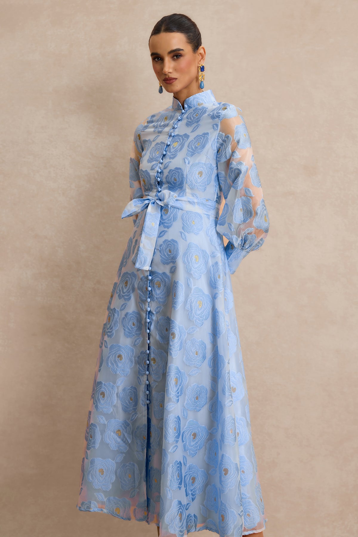 Jacquard Stand Collar Midi Dress