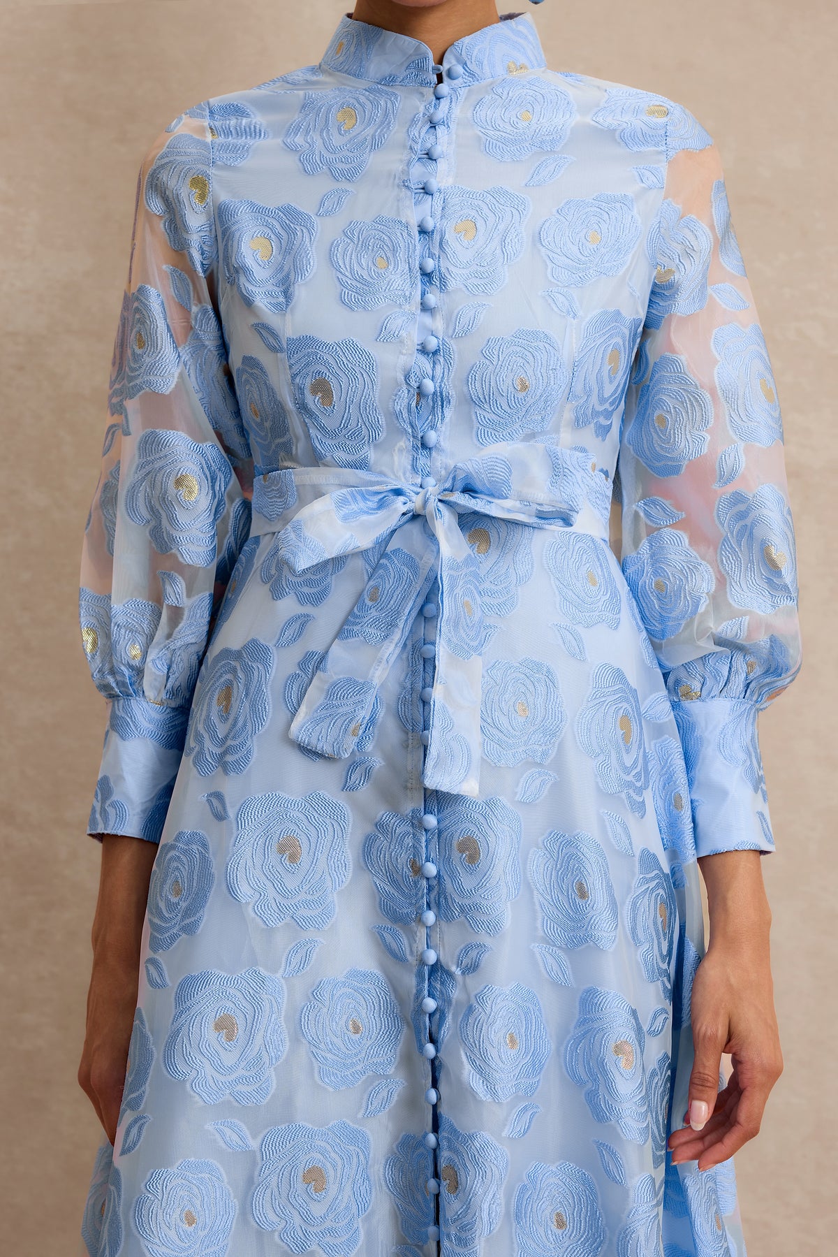 Jacquard Stand Collar Midi Dress