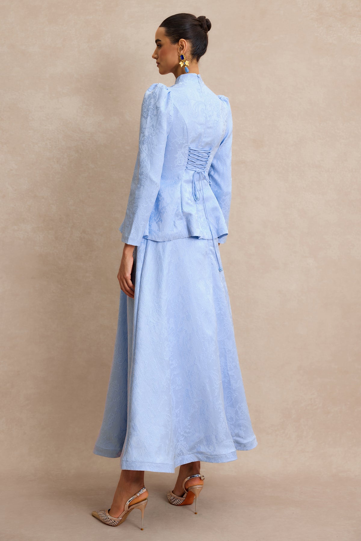 Nail Bead Embroidery Jacquard Top & High Waist Midi Skirt Set