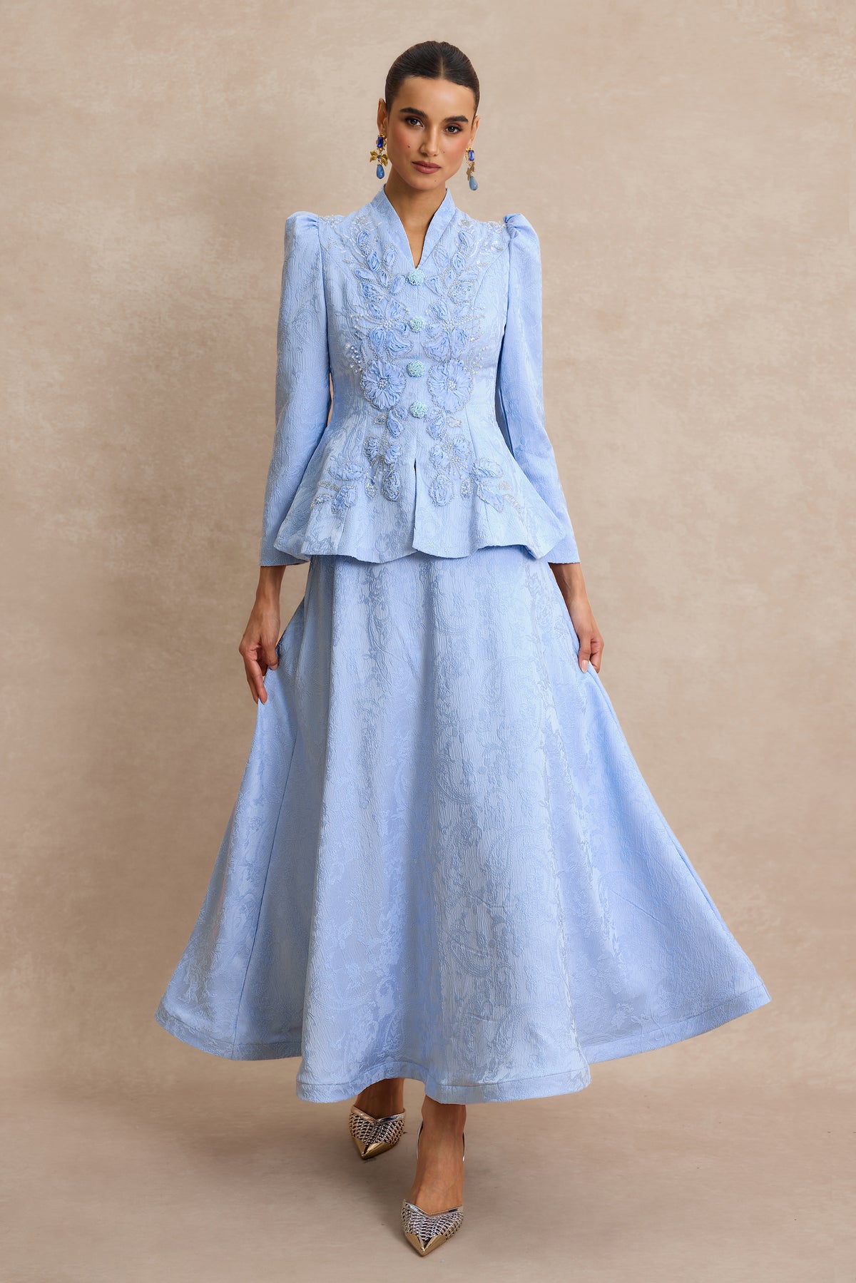 Nail Bead Embroidery Jacquard Top & High Waist Midi Skirt Set