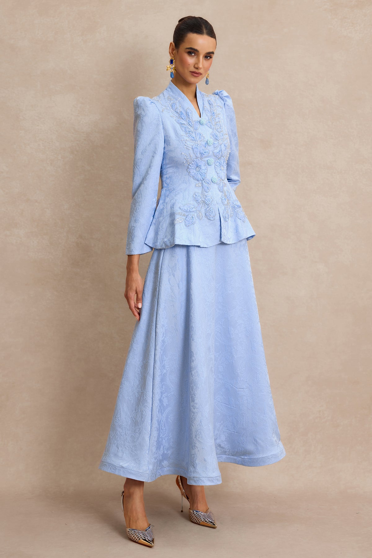 Nail Bead Embroidery Jacquard Top & High Waist Midi Skirt Set
