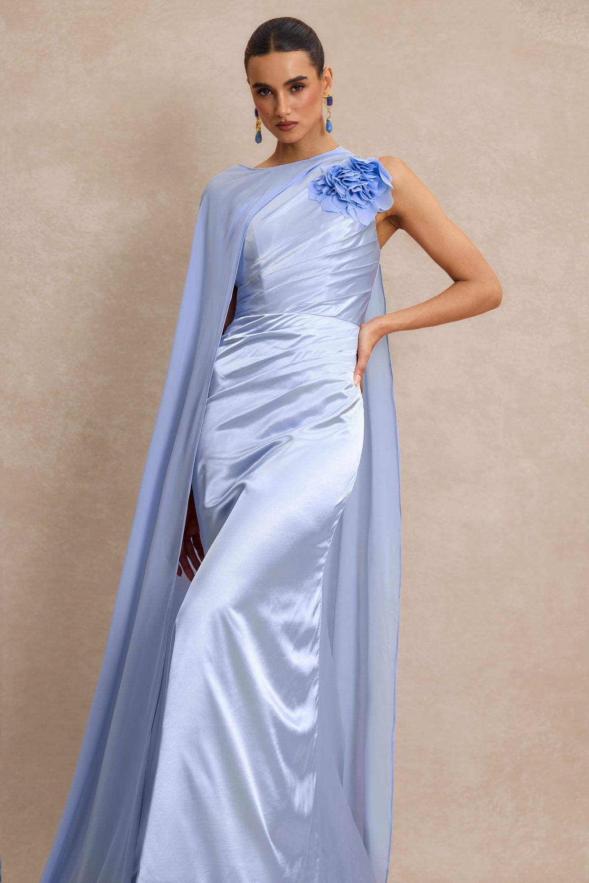 3D Flower Ruched Maxi Dress With Cape