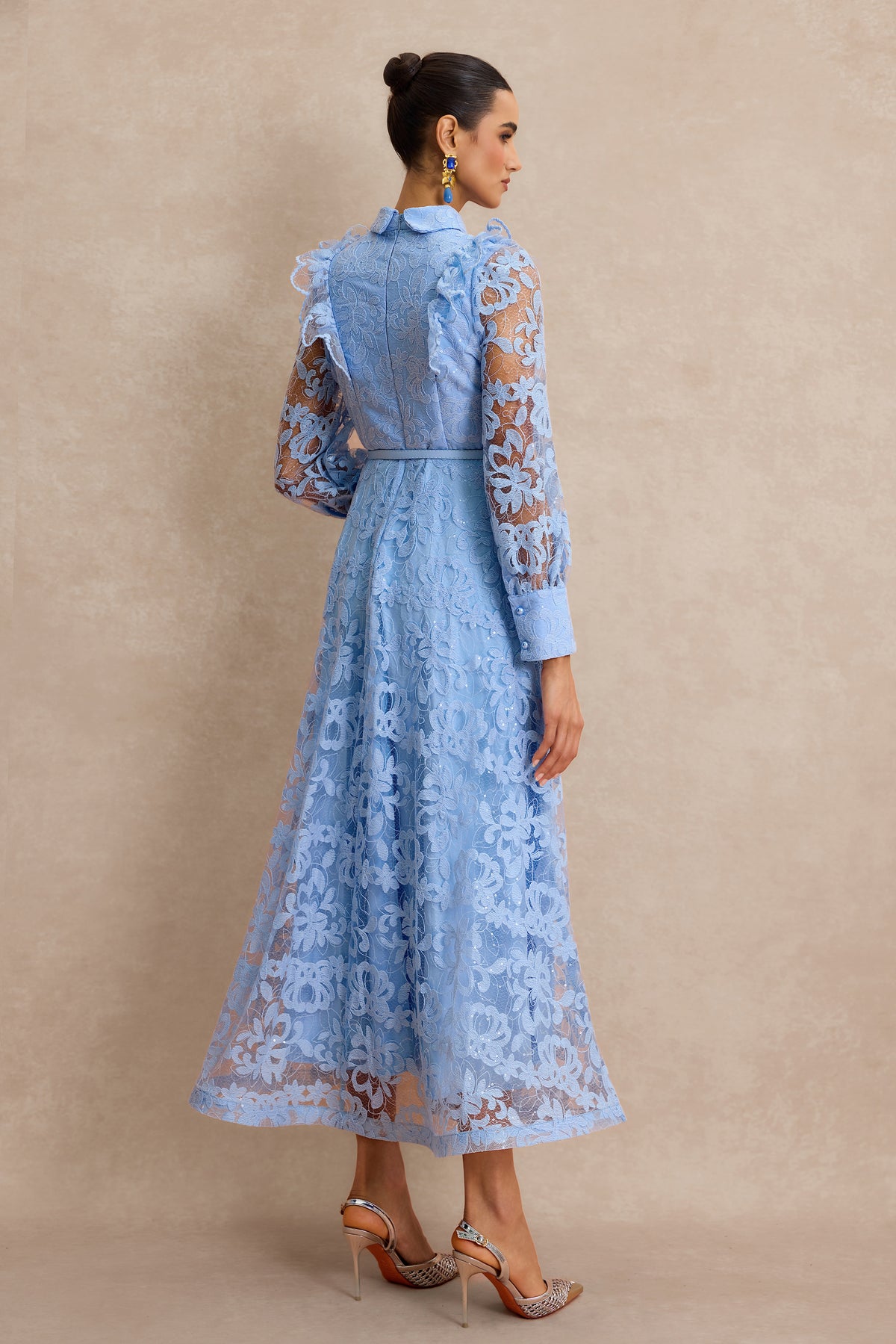 Lace Pearl Ruffle Midi Dress With Belt