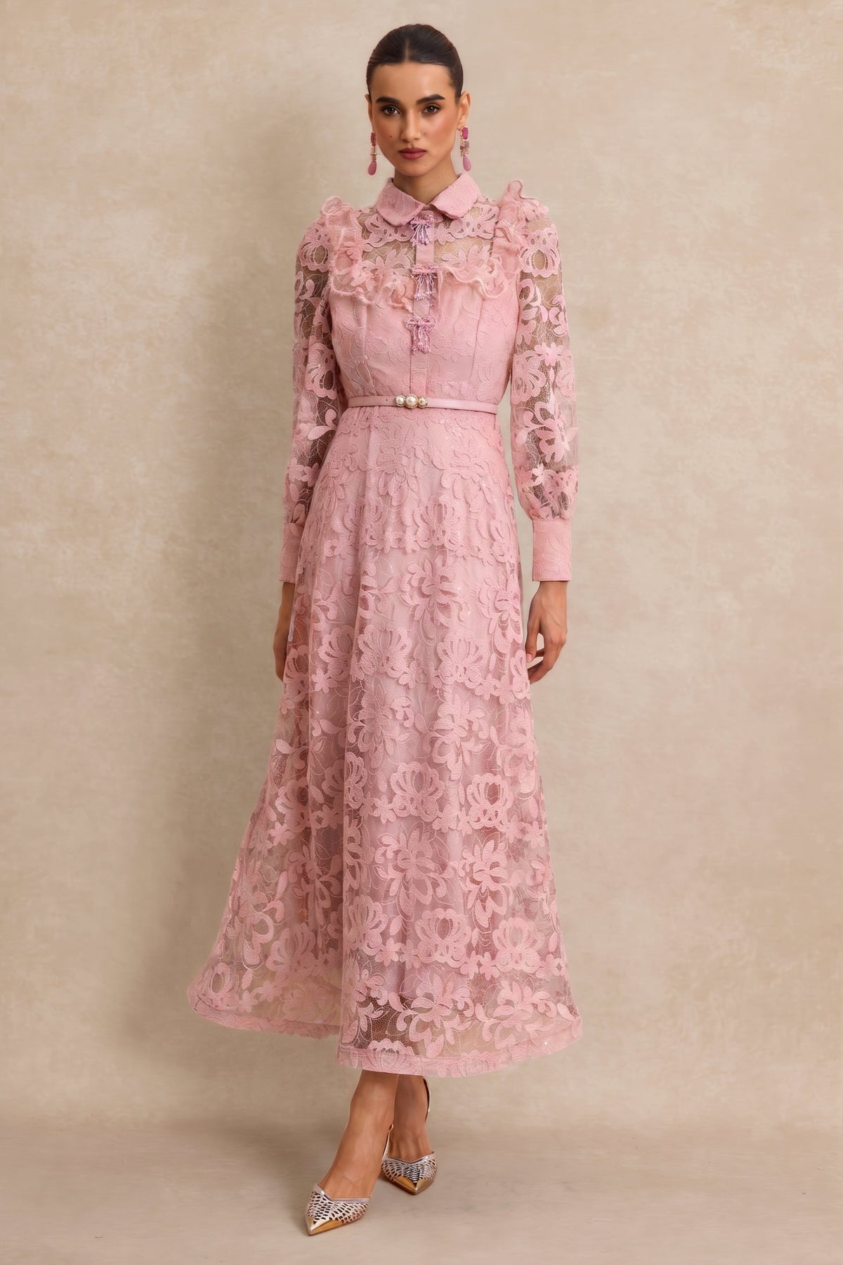Lace Pearl Ruffle Midi Dress With Belt
