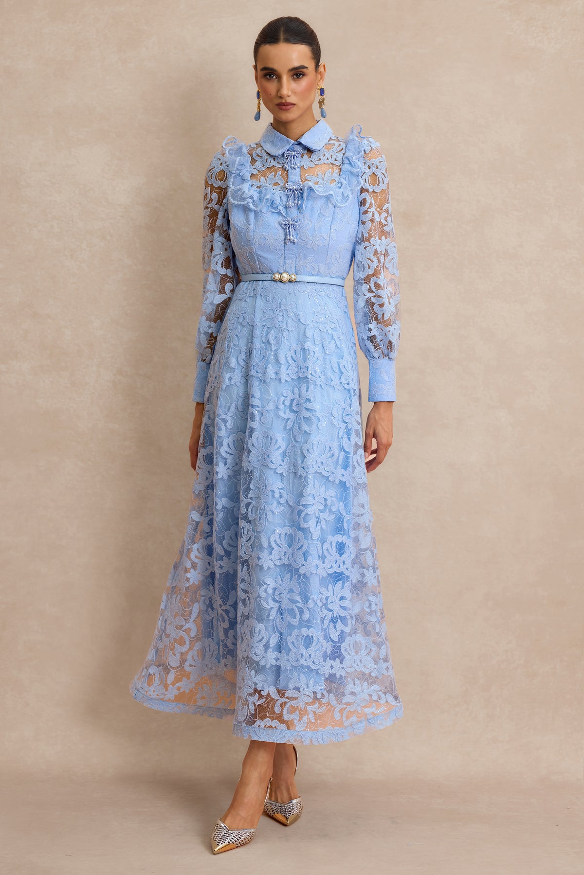 Lace Pearl Ruffle Midi Dress With Belt