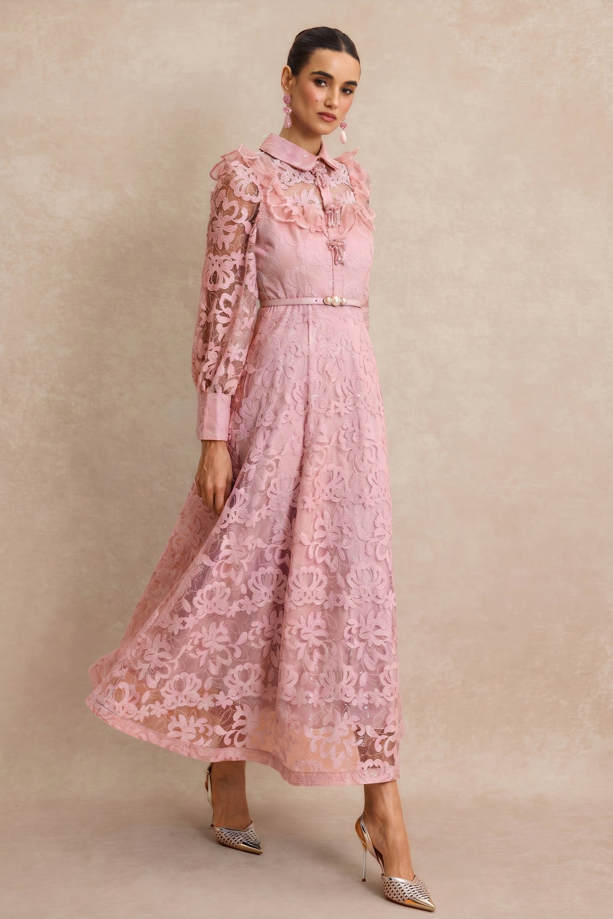 Lace Pearl Ruffle Midi Dress With Belt
