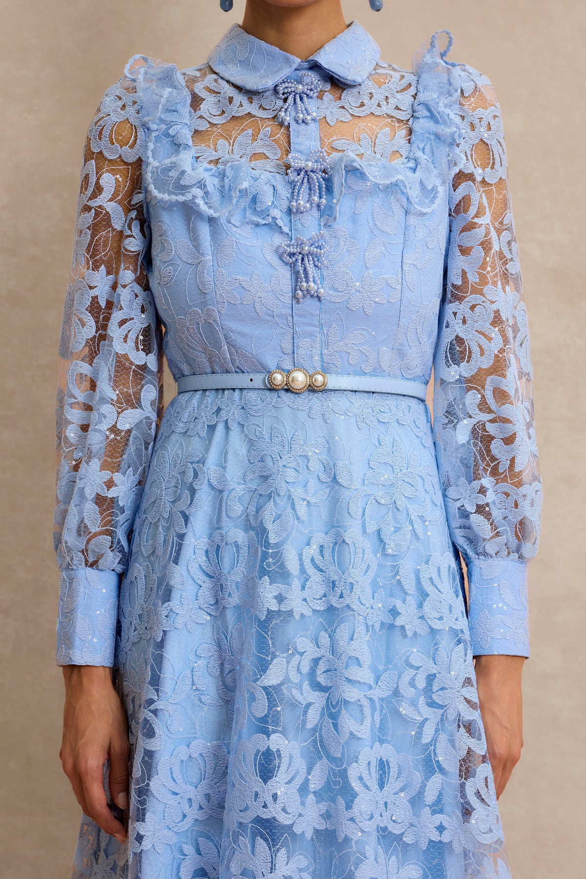 Lace Pearl Ruffle Midi Dress With Belt