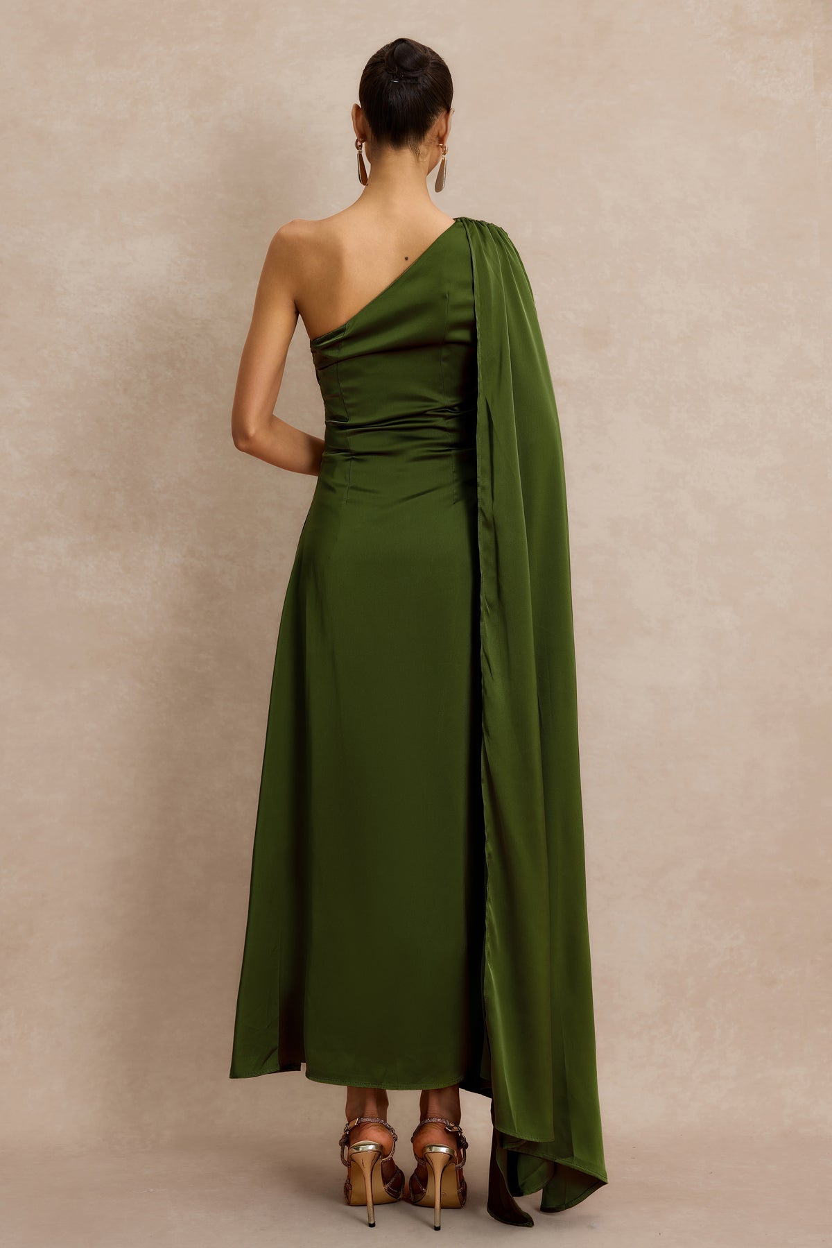 Asymmetrical One Shoulder Pleat Midi Dress