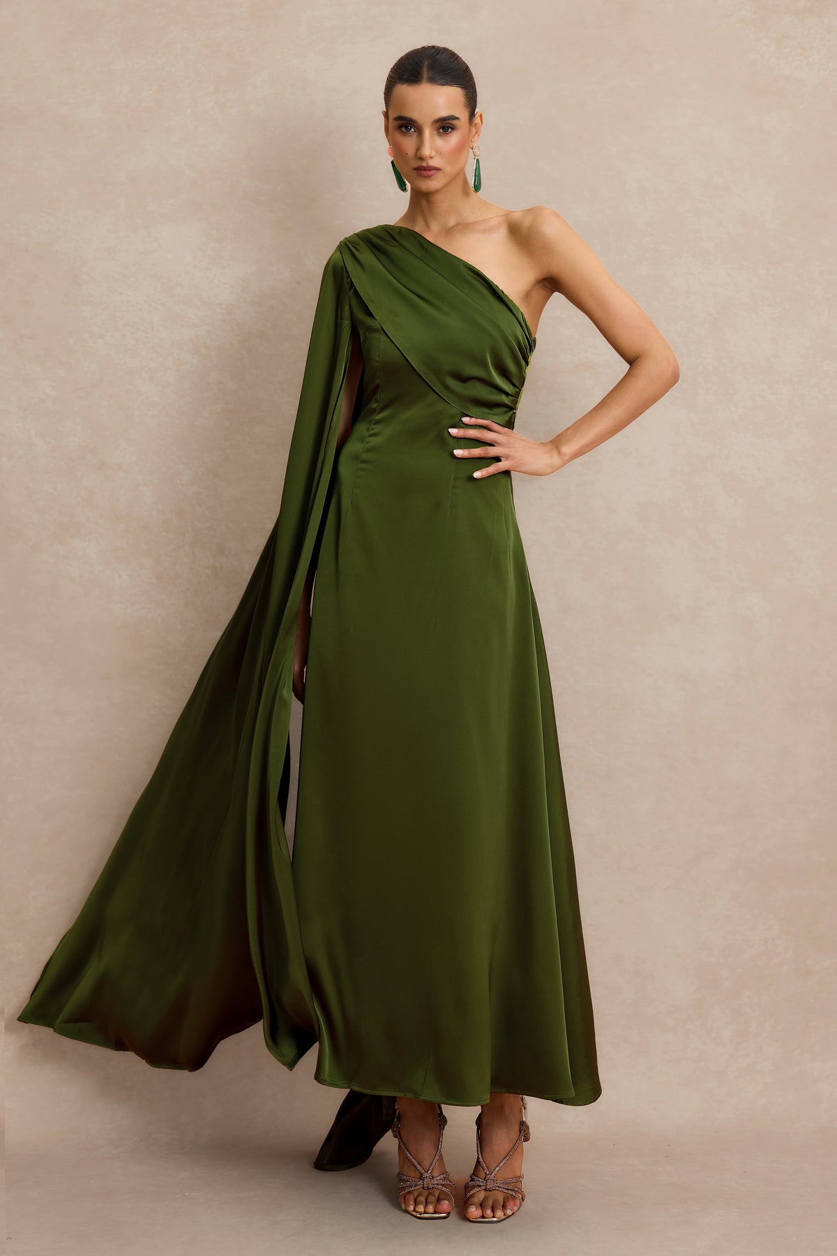 Asymmetrical One Shoulder Pleat Midi Dress