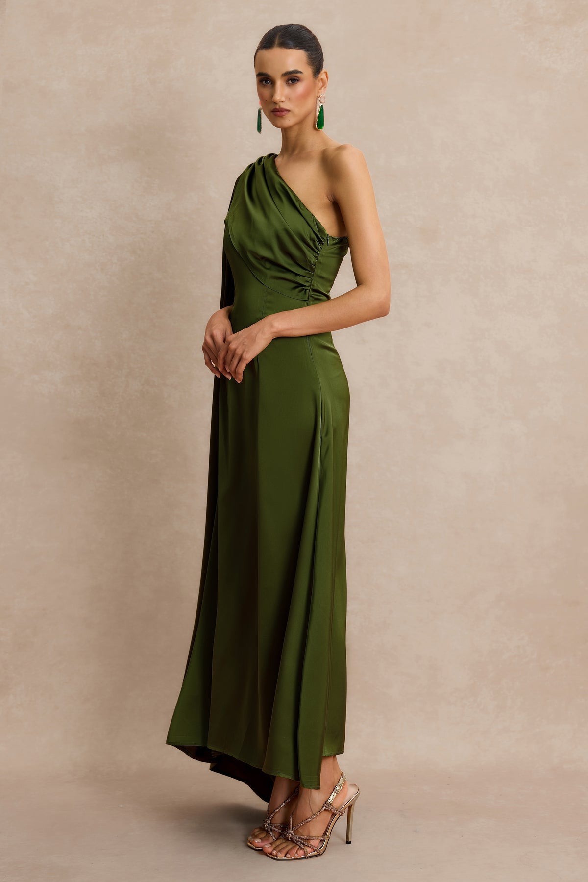 Asymmetrical One Shoulder Pleat Midi Dress