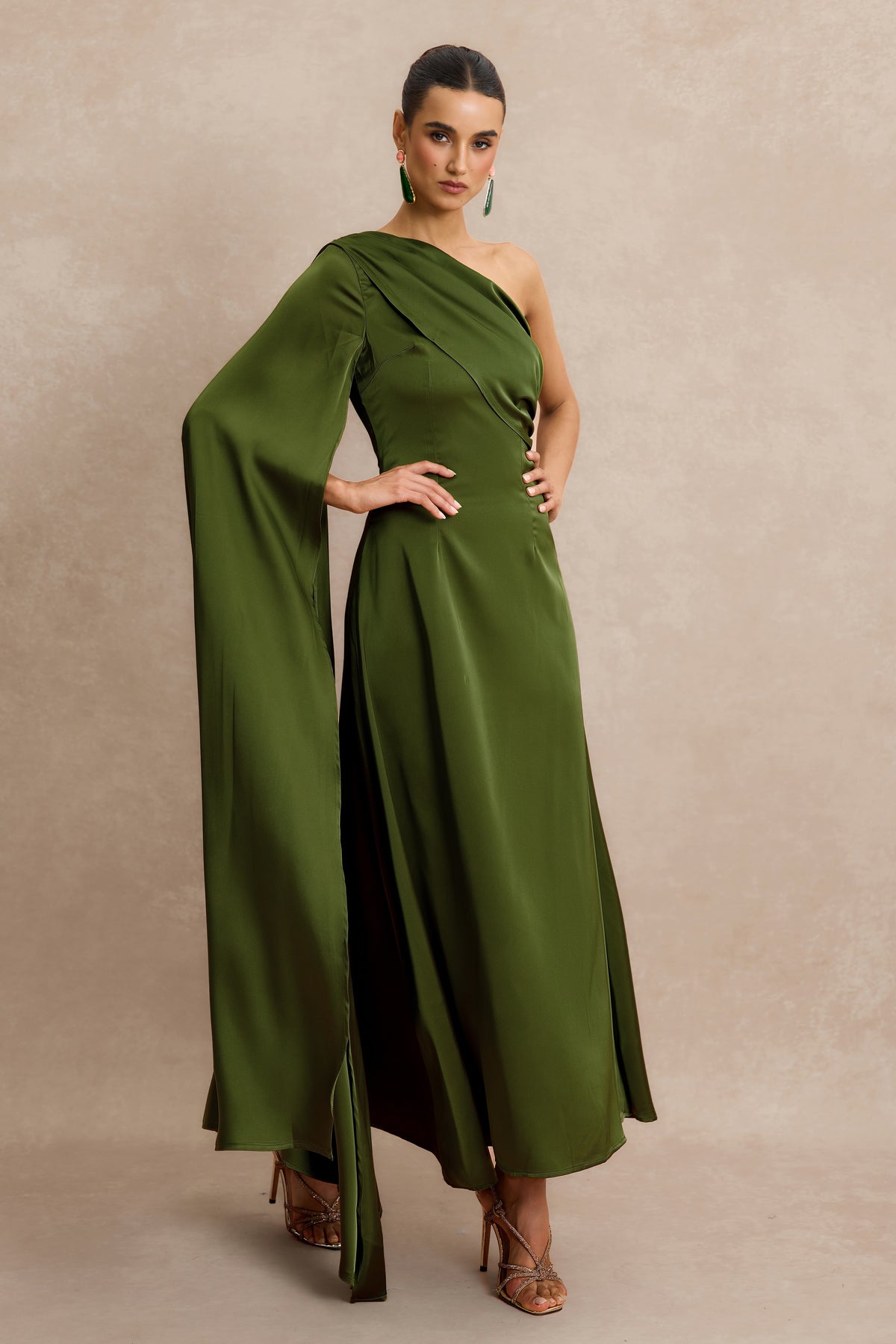 Asymmetrical One Shoulder Pleat Midi Dress