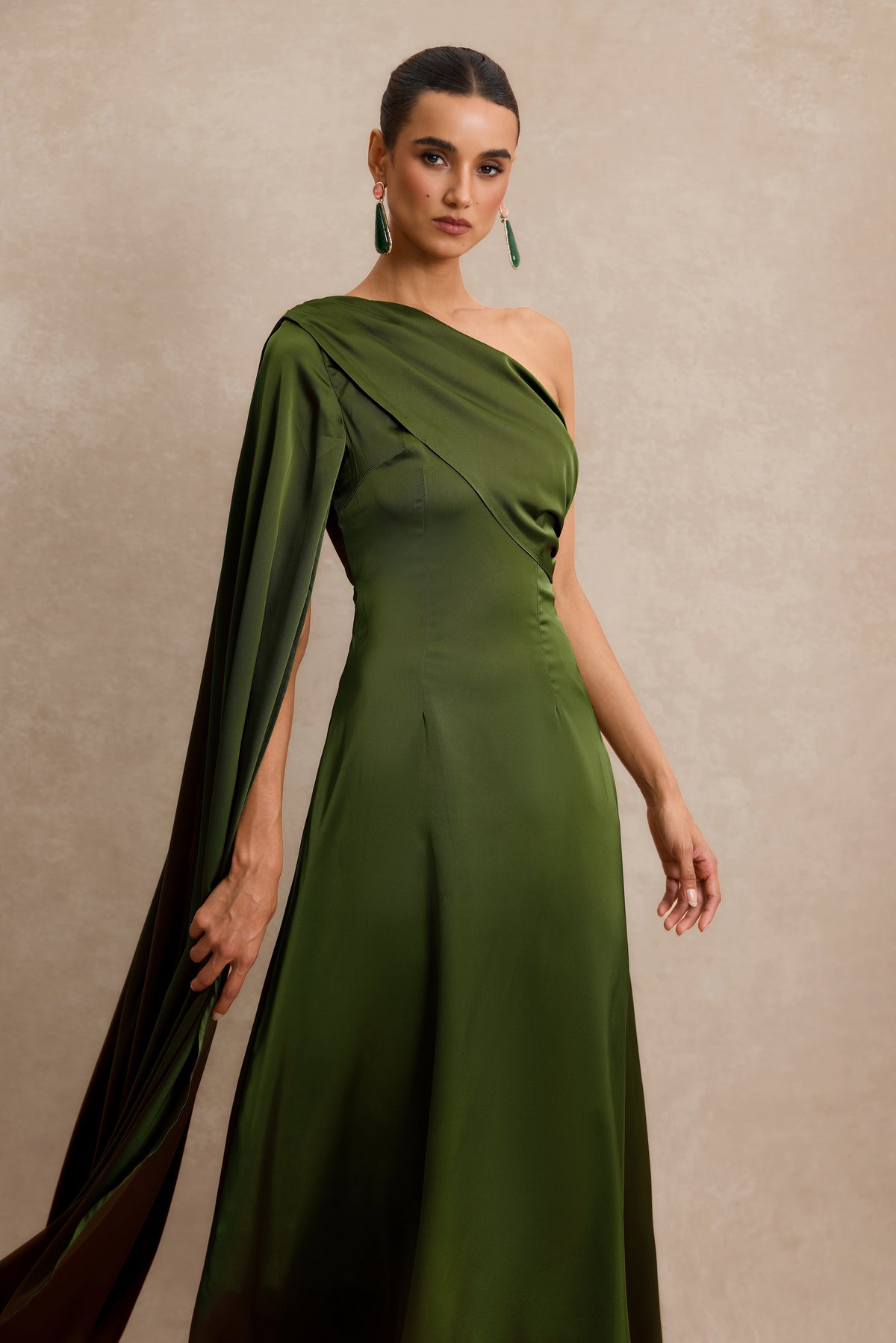 Asymmetrical One Shoulder Pleat Midi Dress