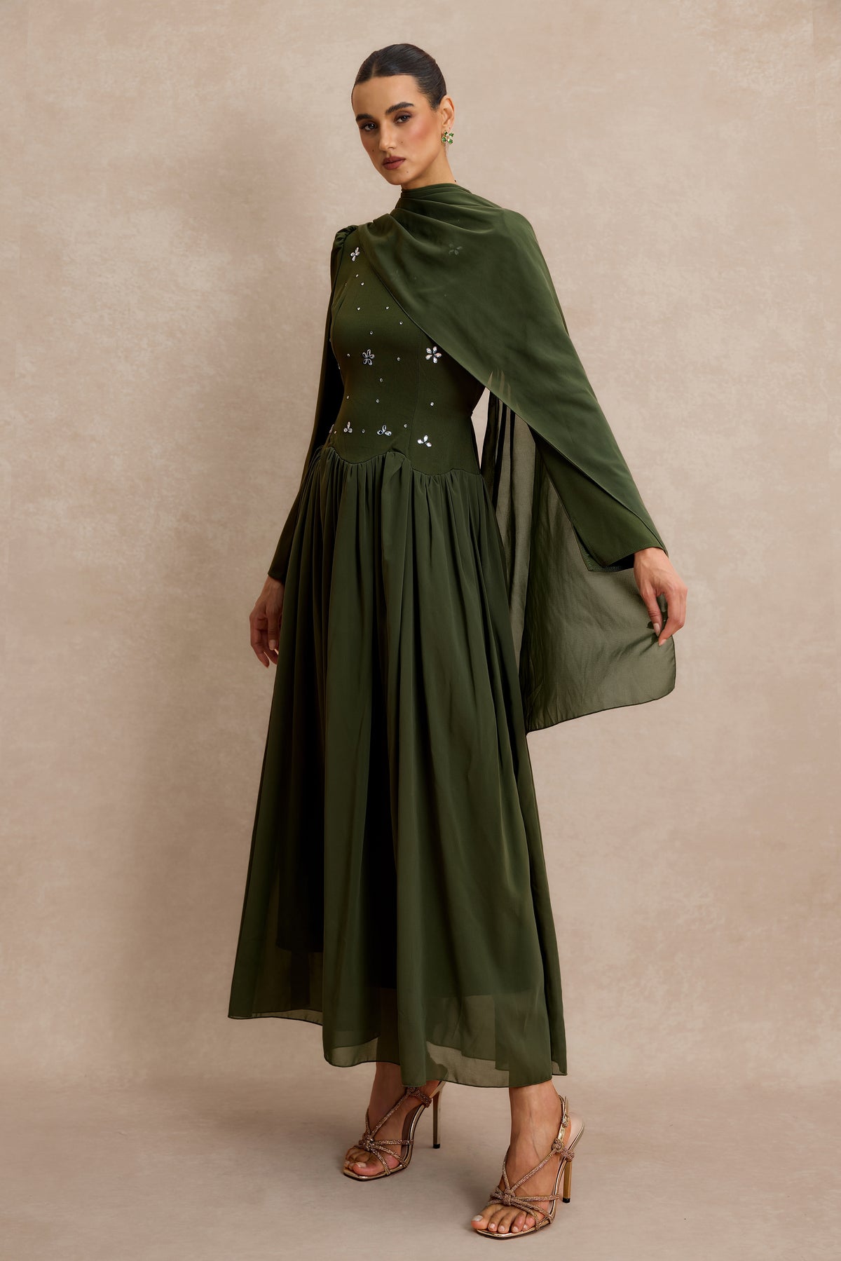 Rhinestone Lace-Up Long Sleeve Midi Dress