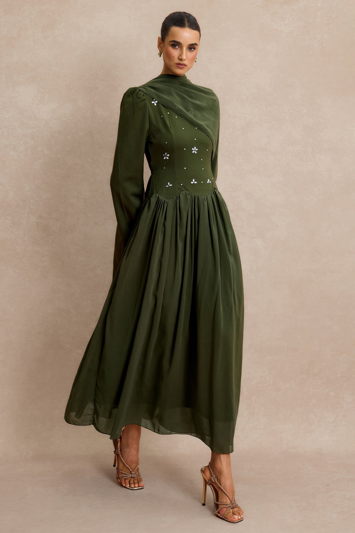 Rhinestone Lace-Up Long Sleeve Midi Dress