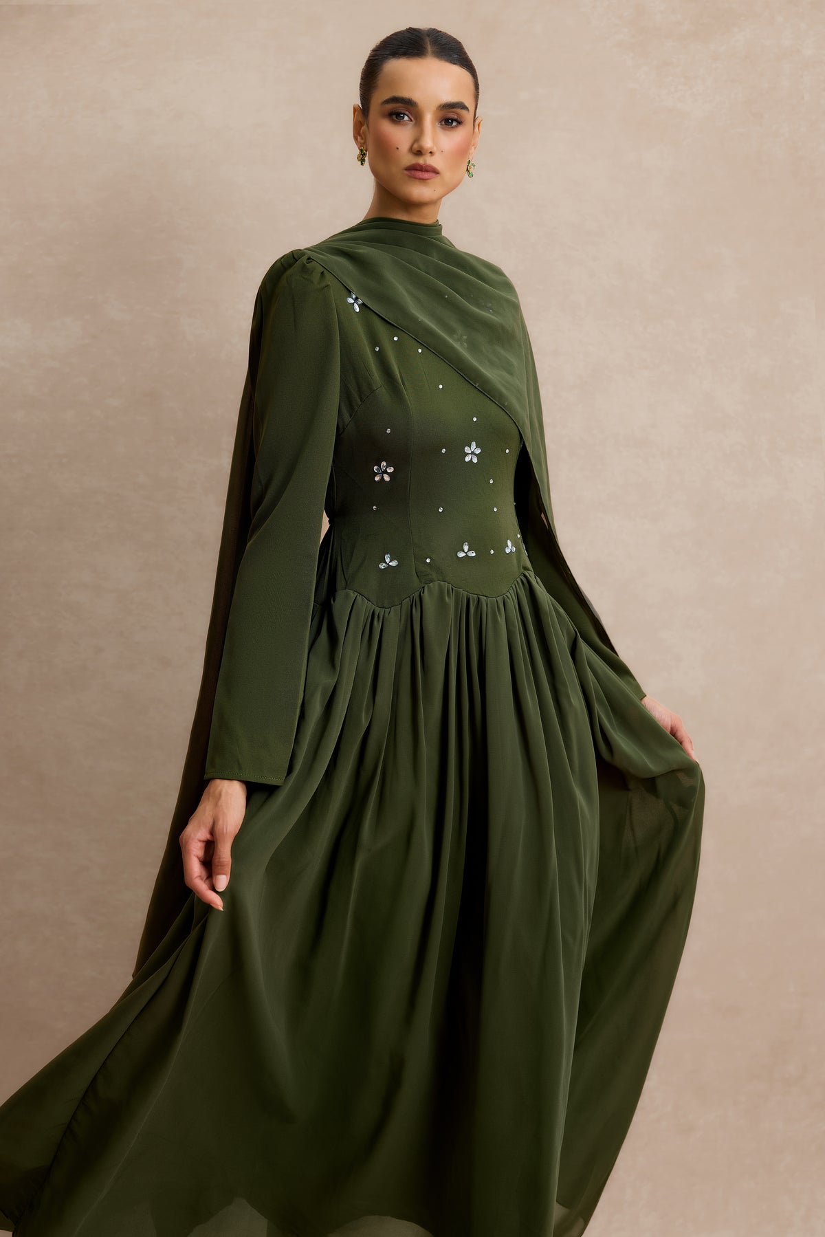Rhinestone Lace-Up Long Sleeve Midi Dress