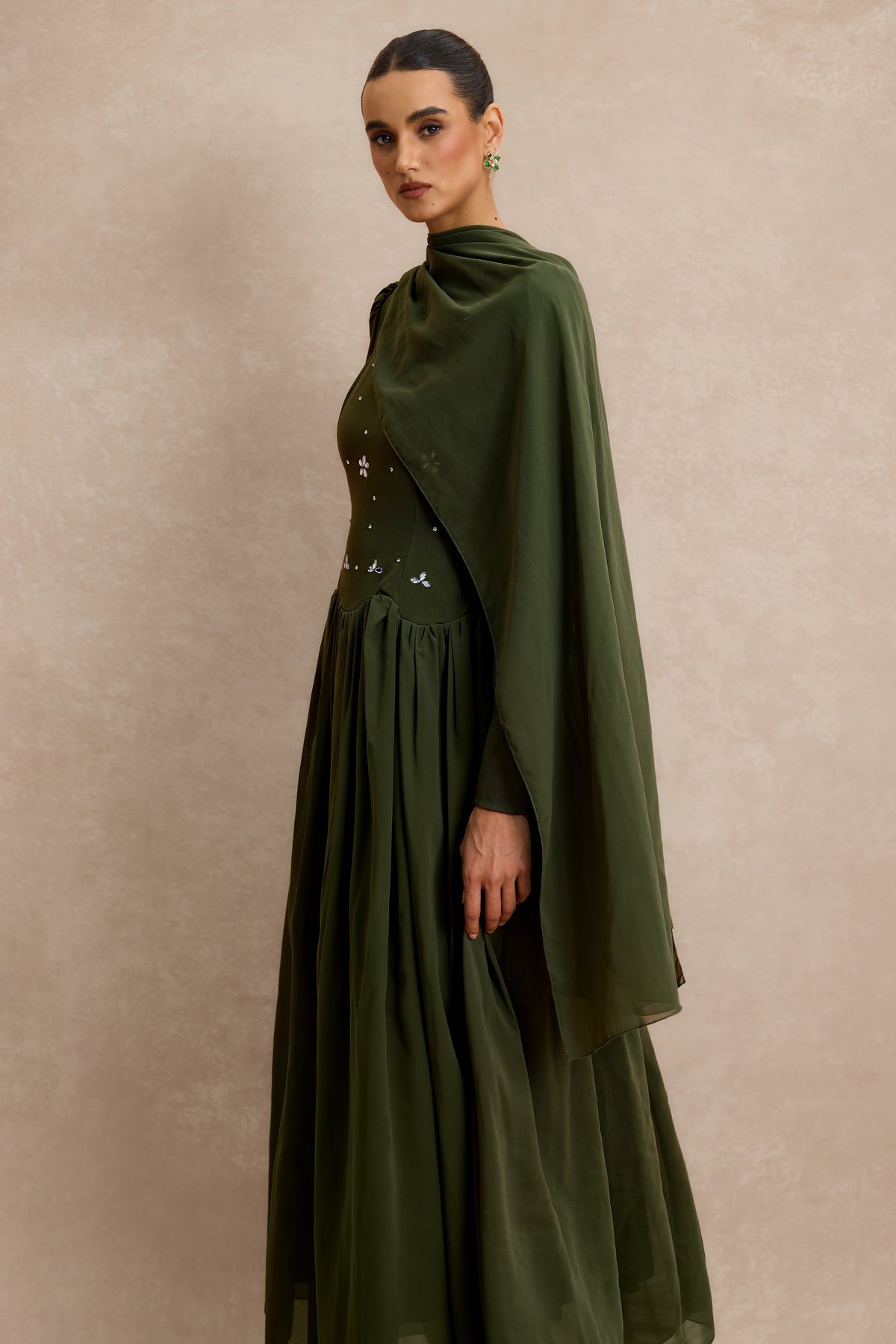 Rhinestone Lace-Up Long Sleeve Midi Dress