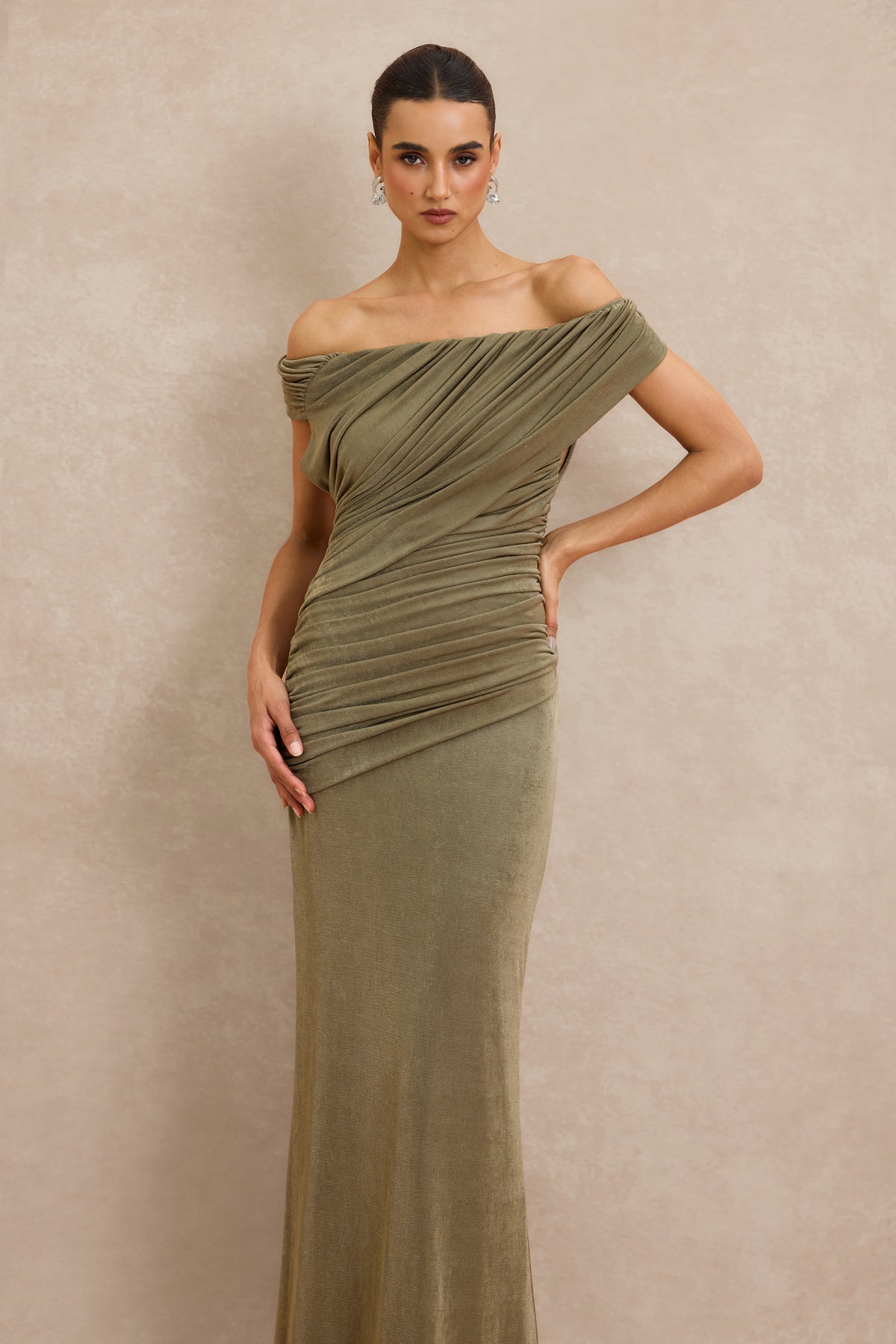Off Shoulder Ruched Maxi Dress