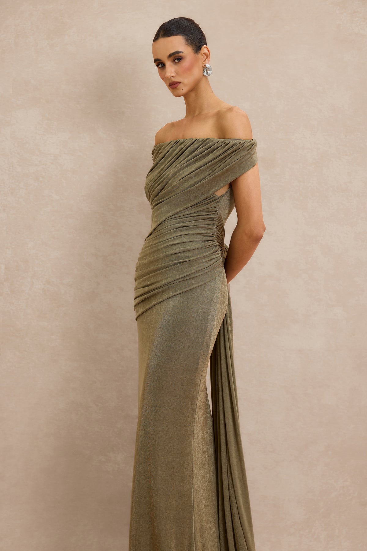 Off Shoulder Ruched Maxi Dress