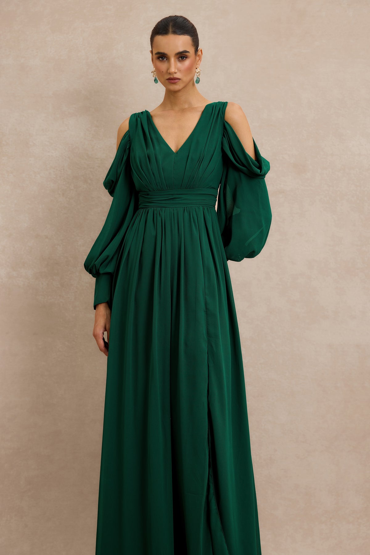 Chiffon Gathering Lantern Sleeve Maxi Dress