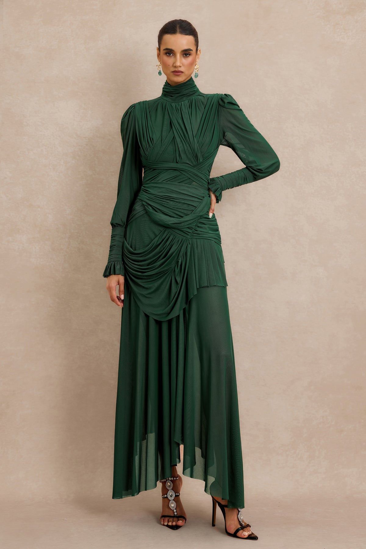 Stand Collar Gathering Midi Dress
