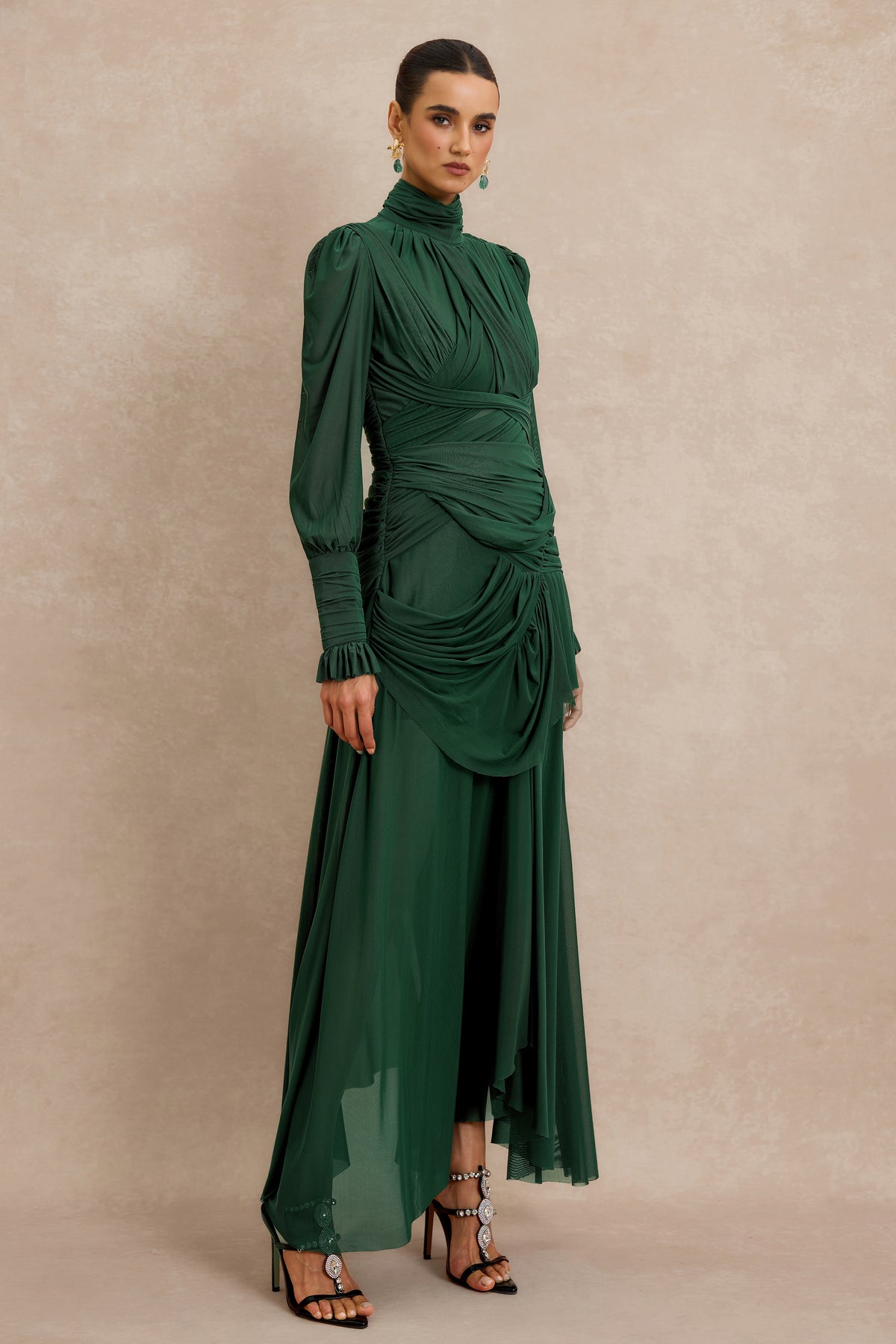 Stand Collar Gathering Midi Dress