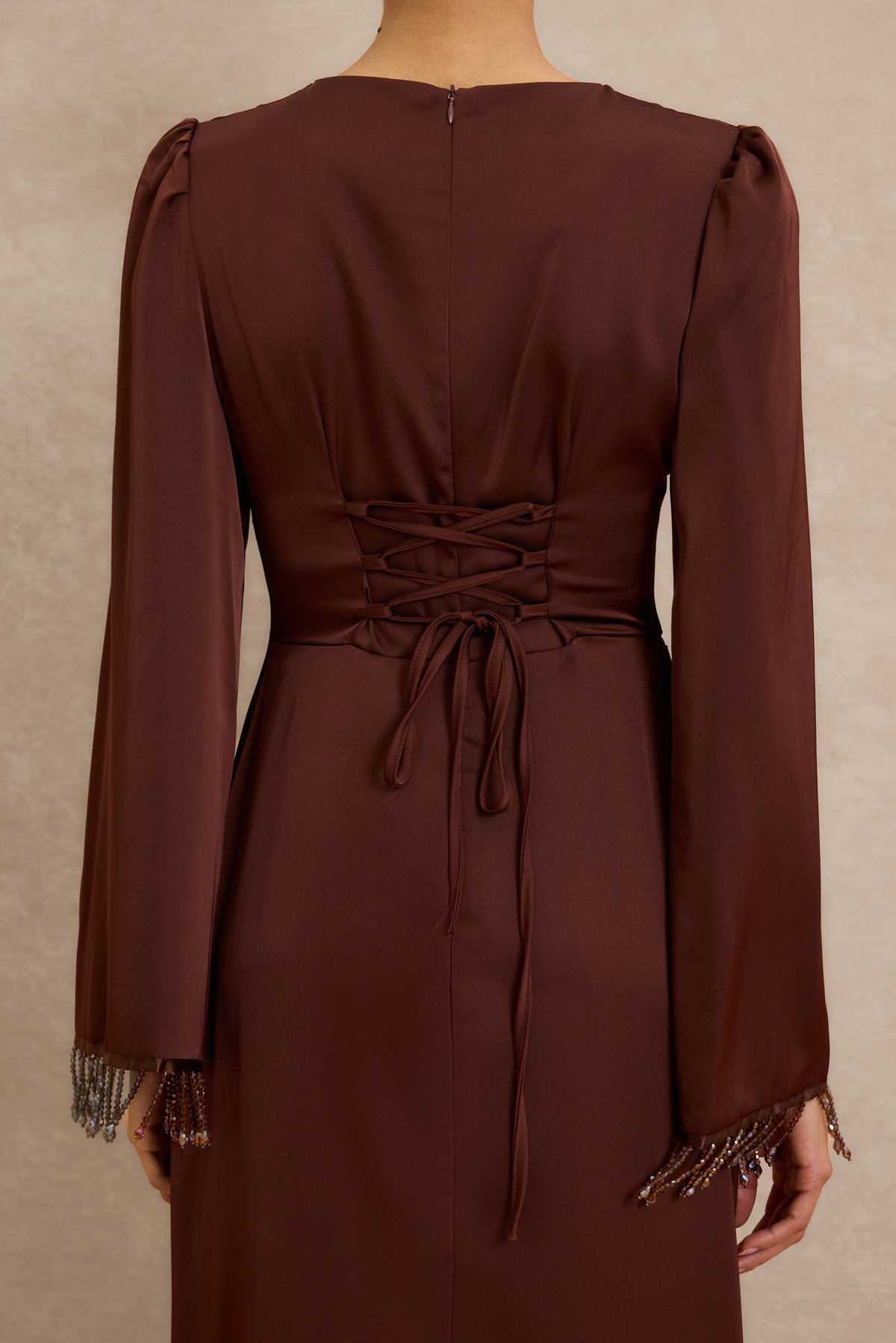 Satin Beaded Tassel Long Sleeve Maxi Dress