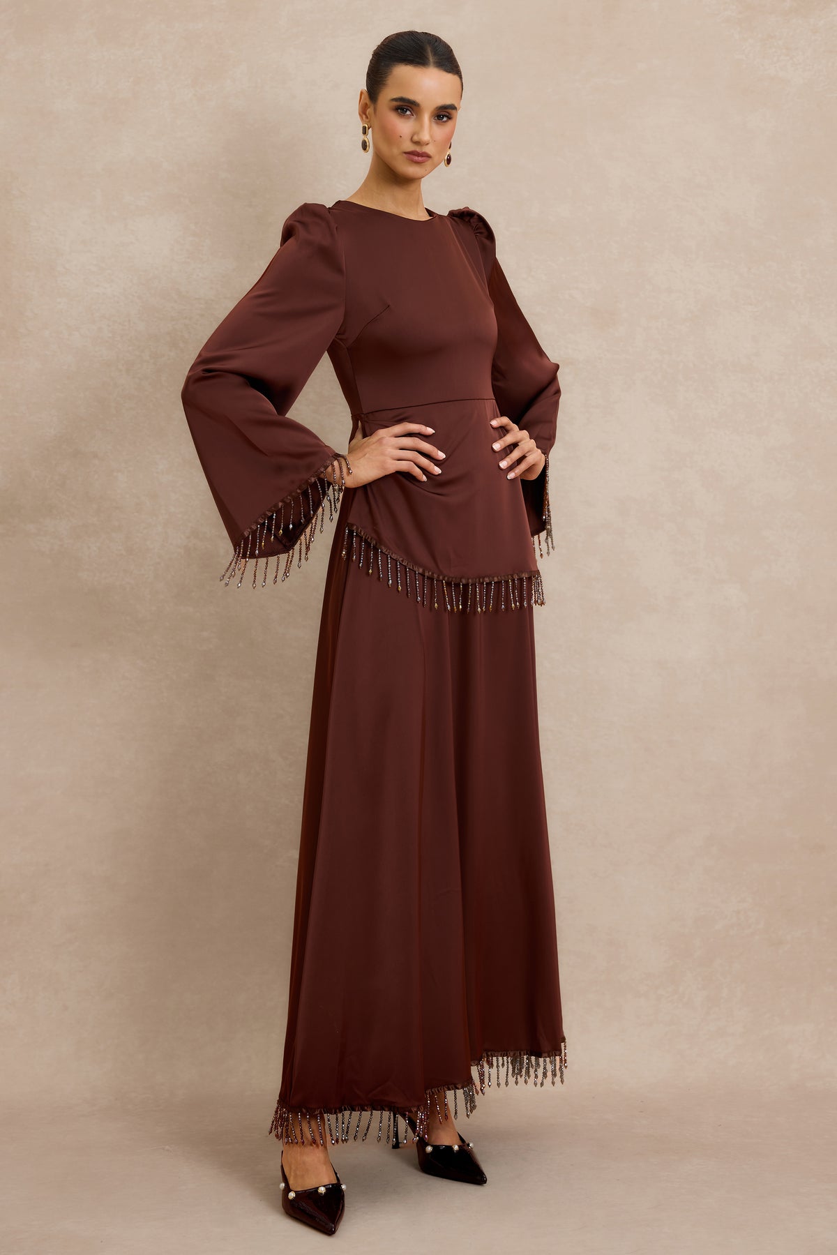 Satin Beaded Tassel Long Sleeve Maxi Dress