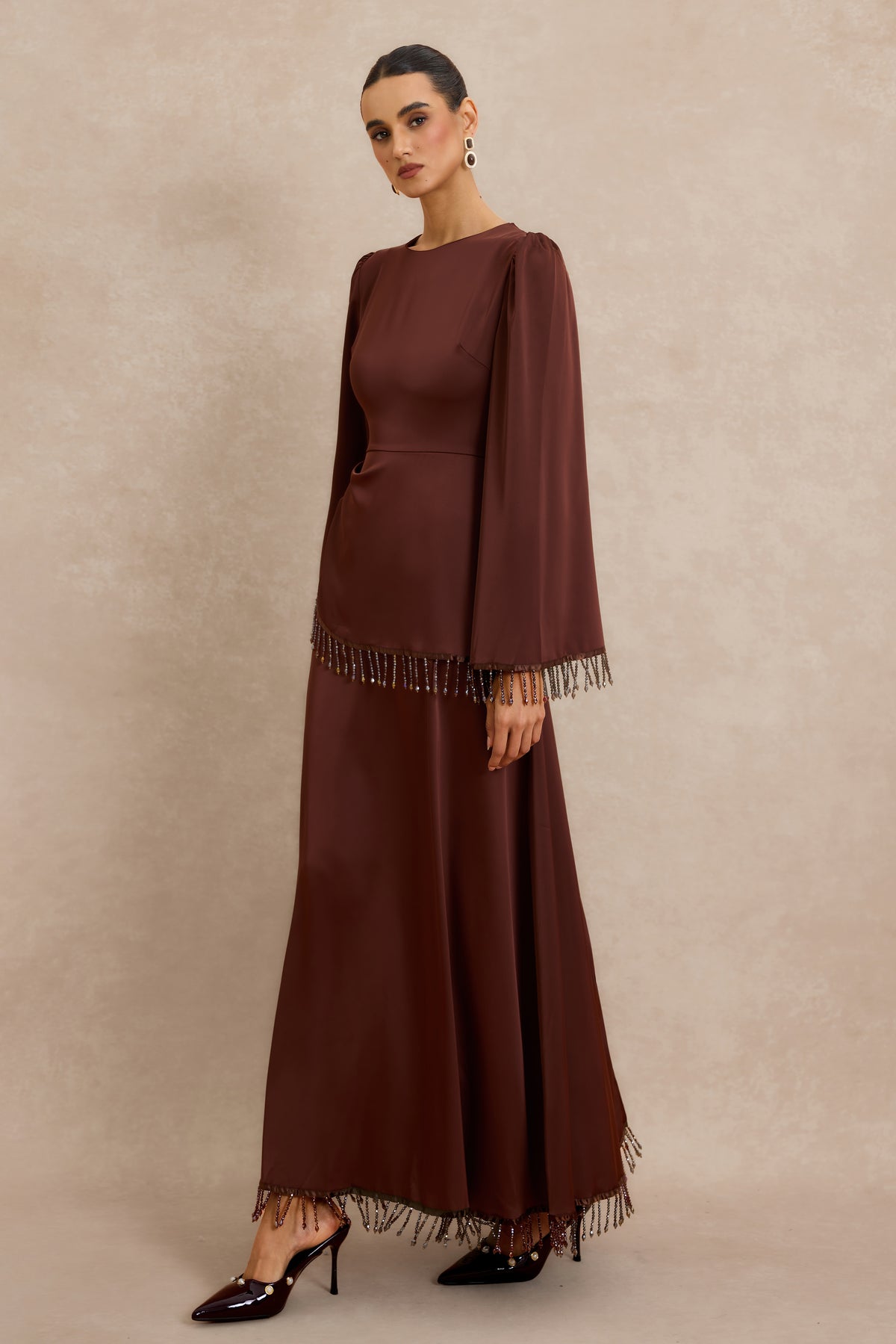 Satin Beaded Tassel Long Sleeve Maxi Dress