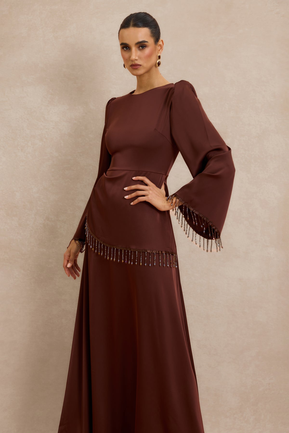 Satin Beaded Tassel Long Sleeve Maxi Dress