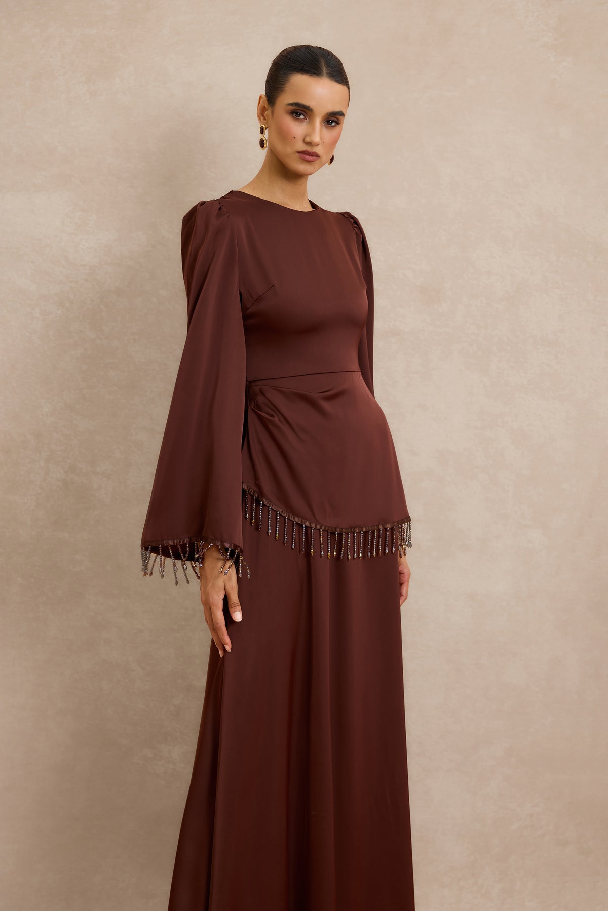 Satin Beaded Tassel Long Sleeve Maxi Dress