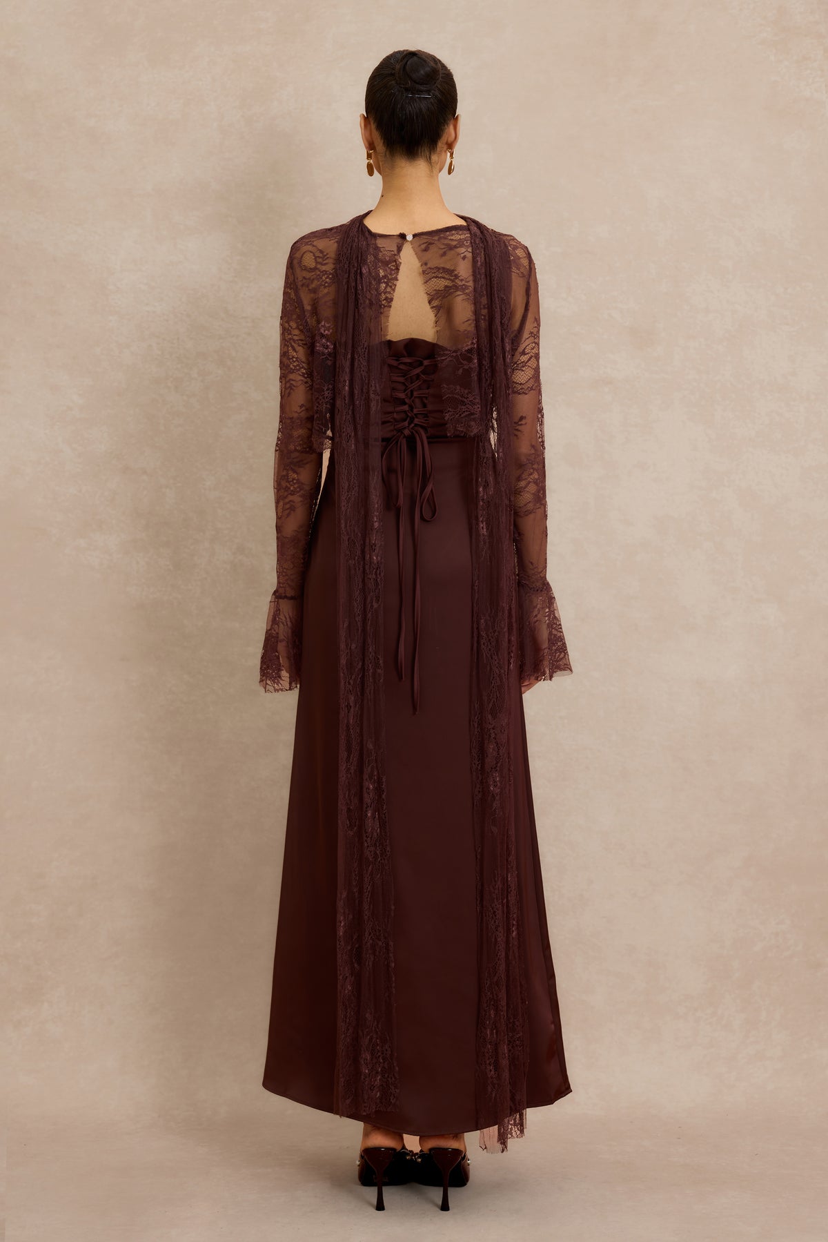 Satin Strapless Maxi Dress with Lace Long Sleeve Cape