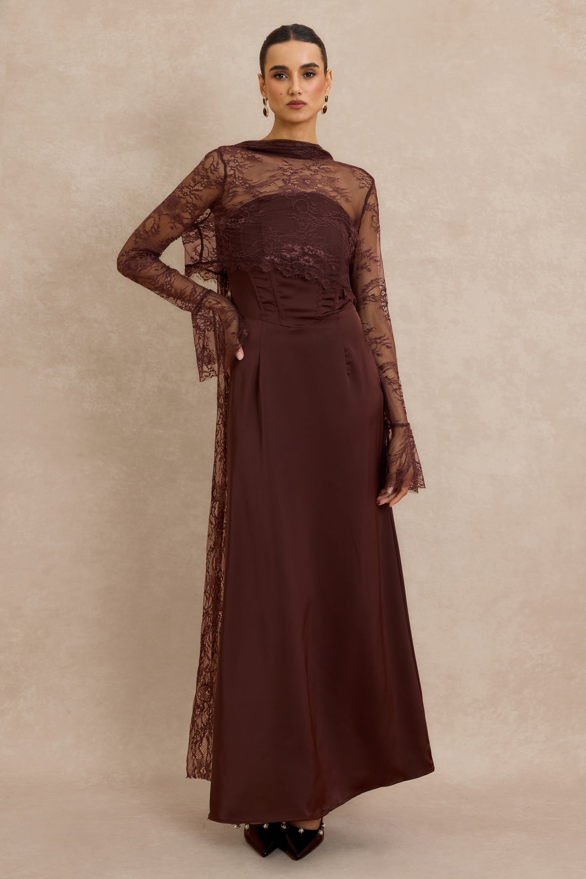 Satin Strapless Maxi Dress with Lace Long Sleeve Cape