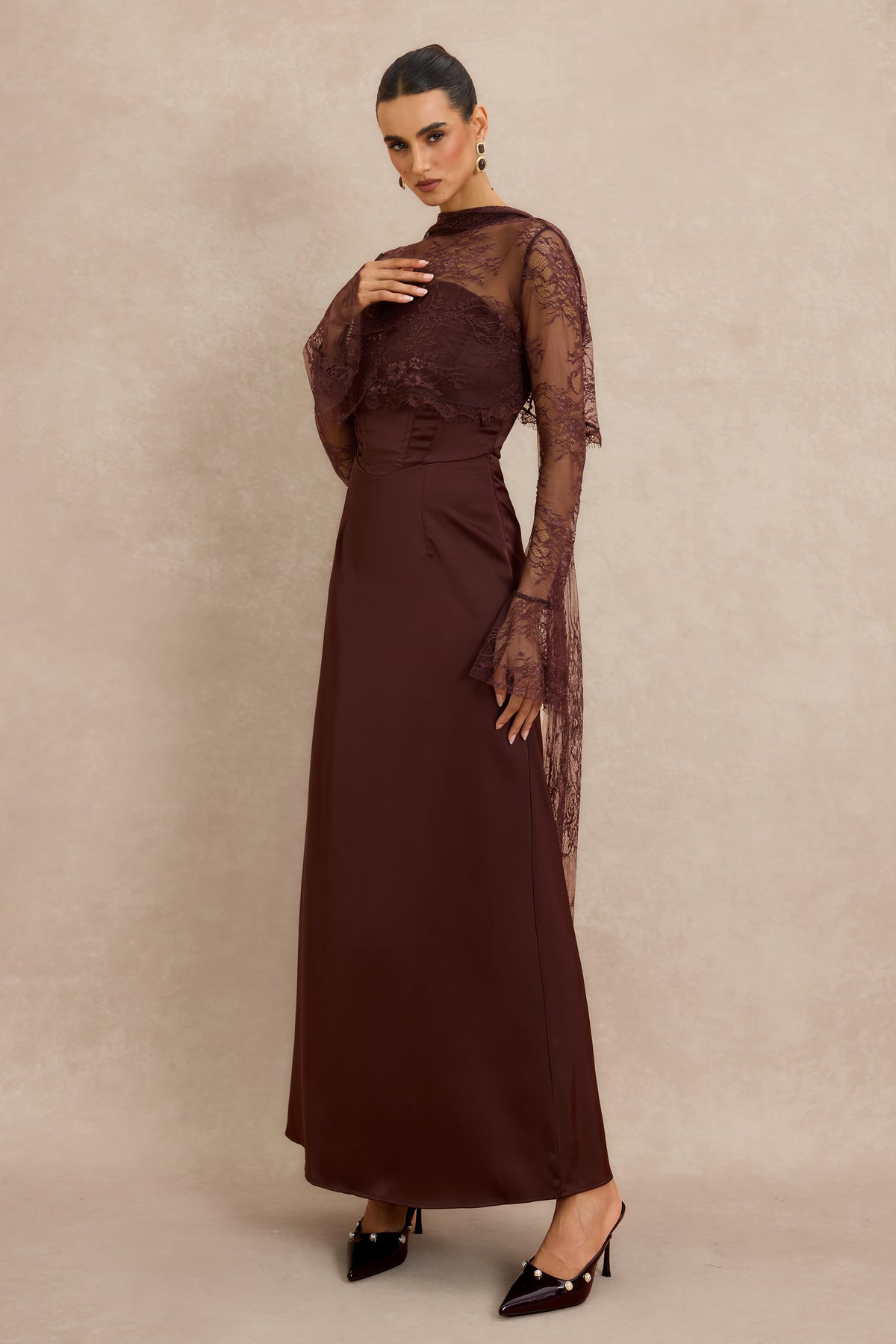 Satin Strapless Maxi Dress with Lace Long Sleeve Cape