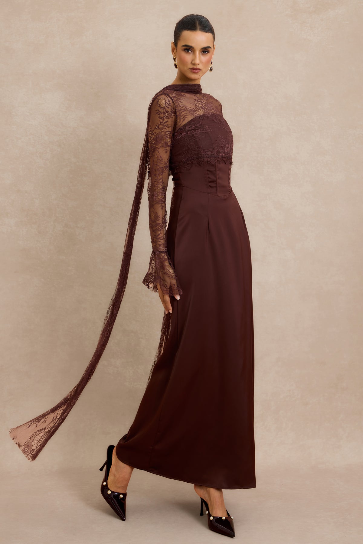 Satin Strapless Maxi Dress with Lace Long Sleeve Cape