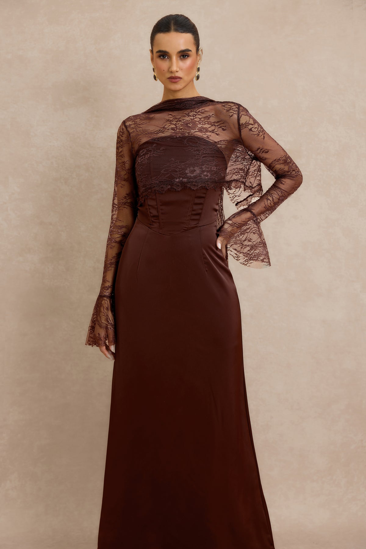Satin Strapless Maxi Dress with Lace Long Sleeve Cape