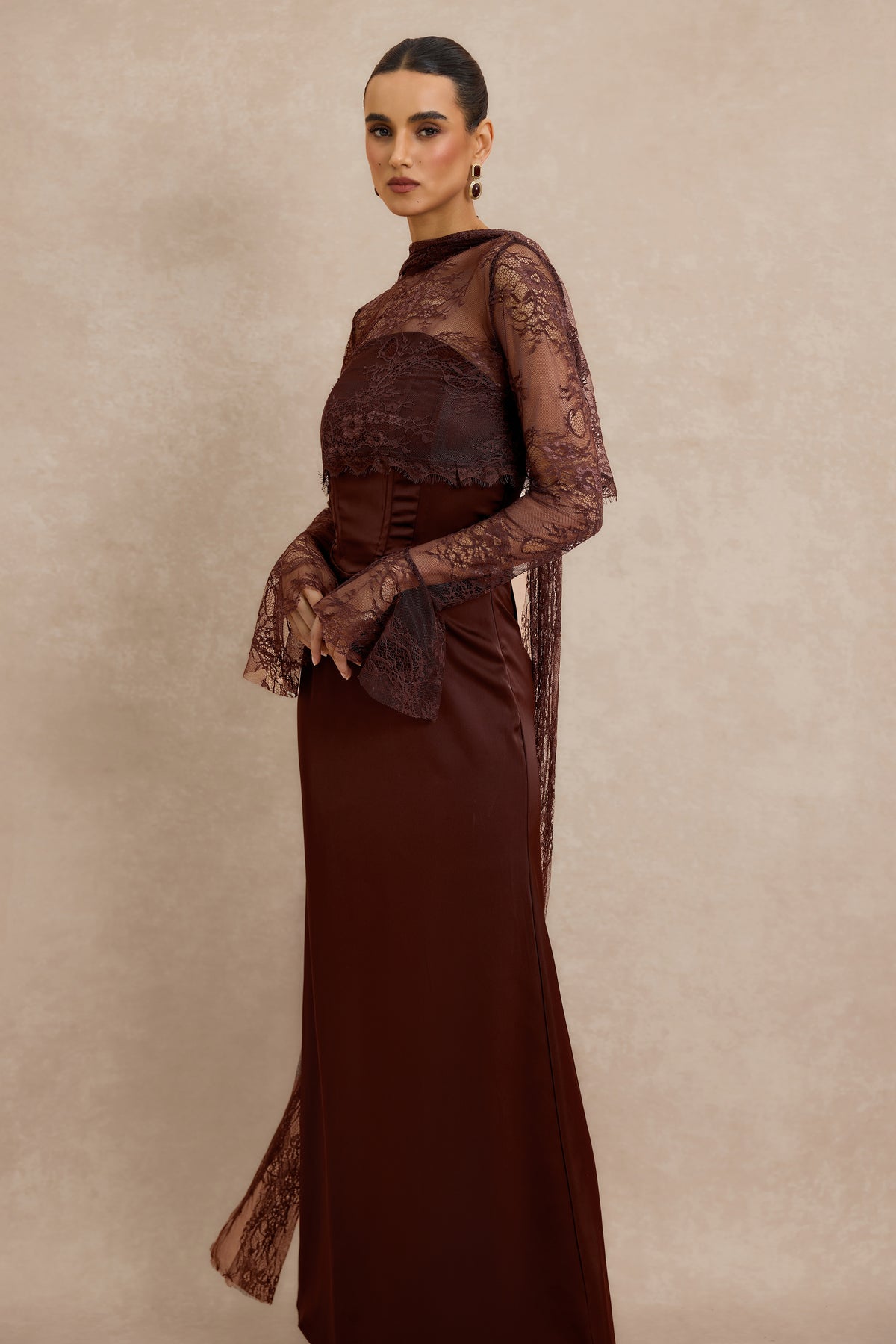 Satin Strapless Maxi Dress with Lace Long Sleeve Cape