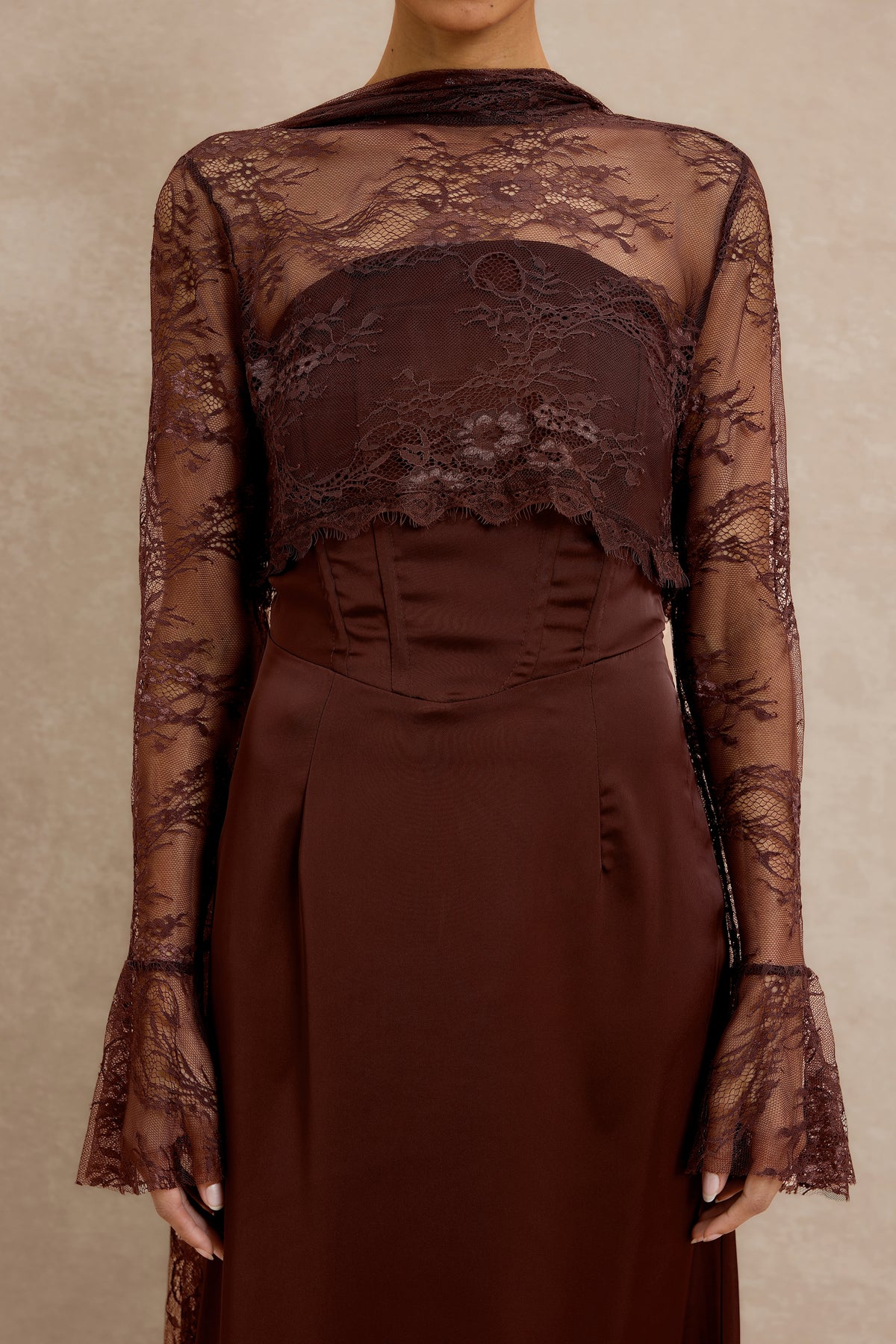 Satin Strapless Maxi Dress with Lace Long Sleeve Cape