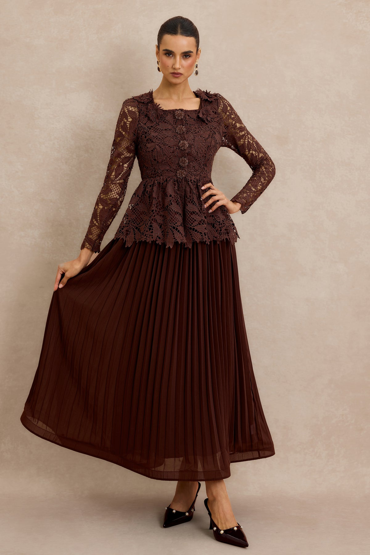 Lace Top & Pleat Midi Dress Set