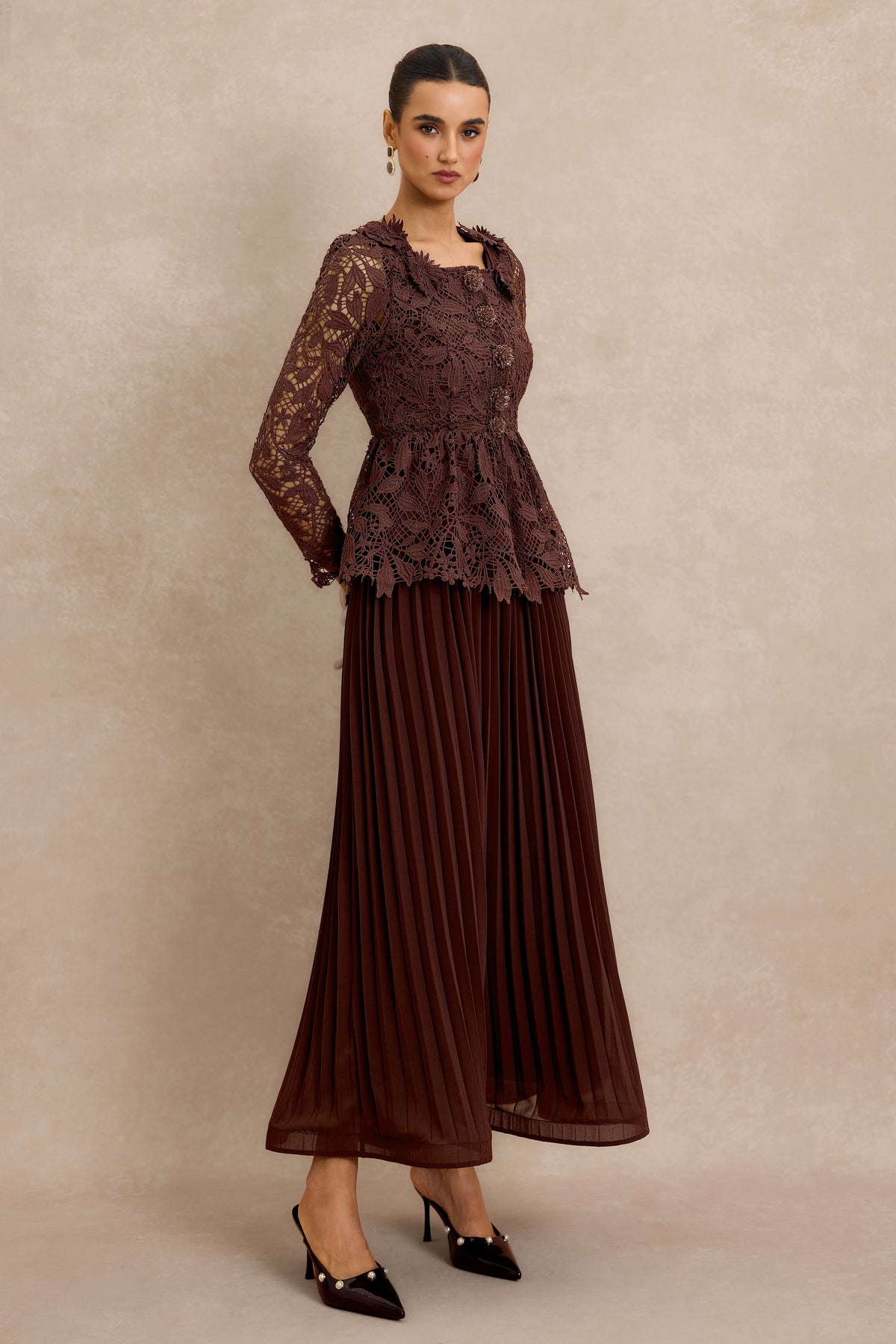Lace Top & Pleat Midi Dress Set