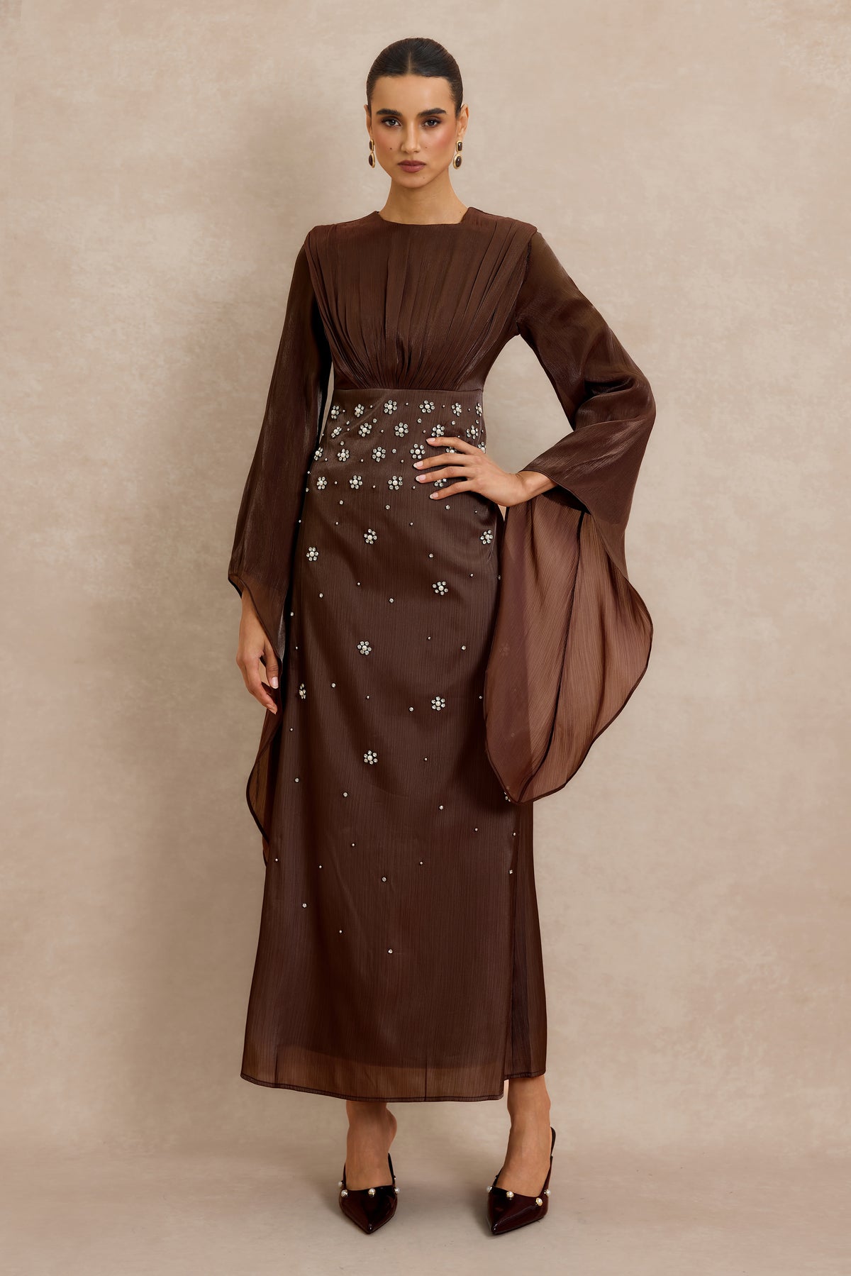 Rhinestone Rivets Gathering Bell Sleeve Midi Dress